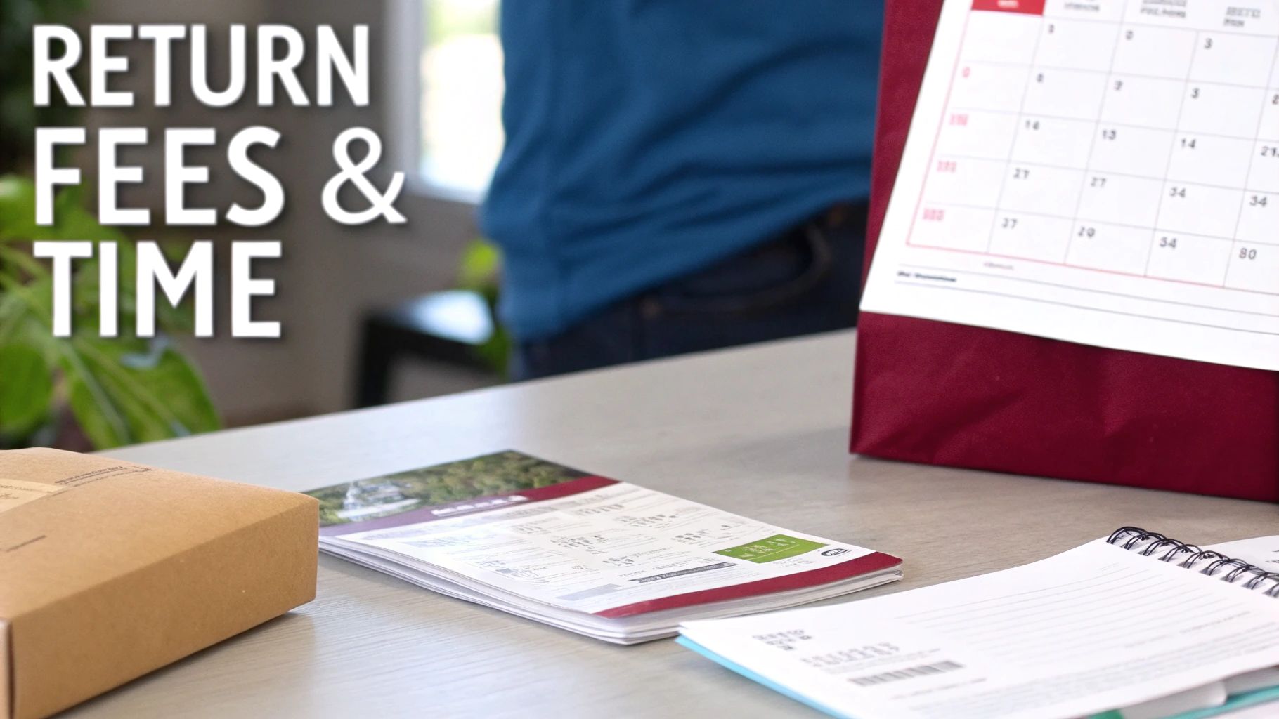 Text 'RETURN FEES & TIME' on a desk with a package, documents, and a calendar.