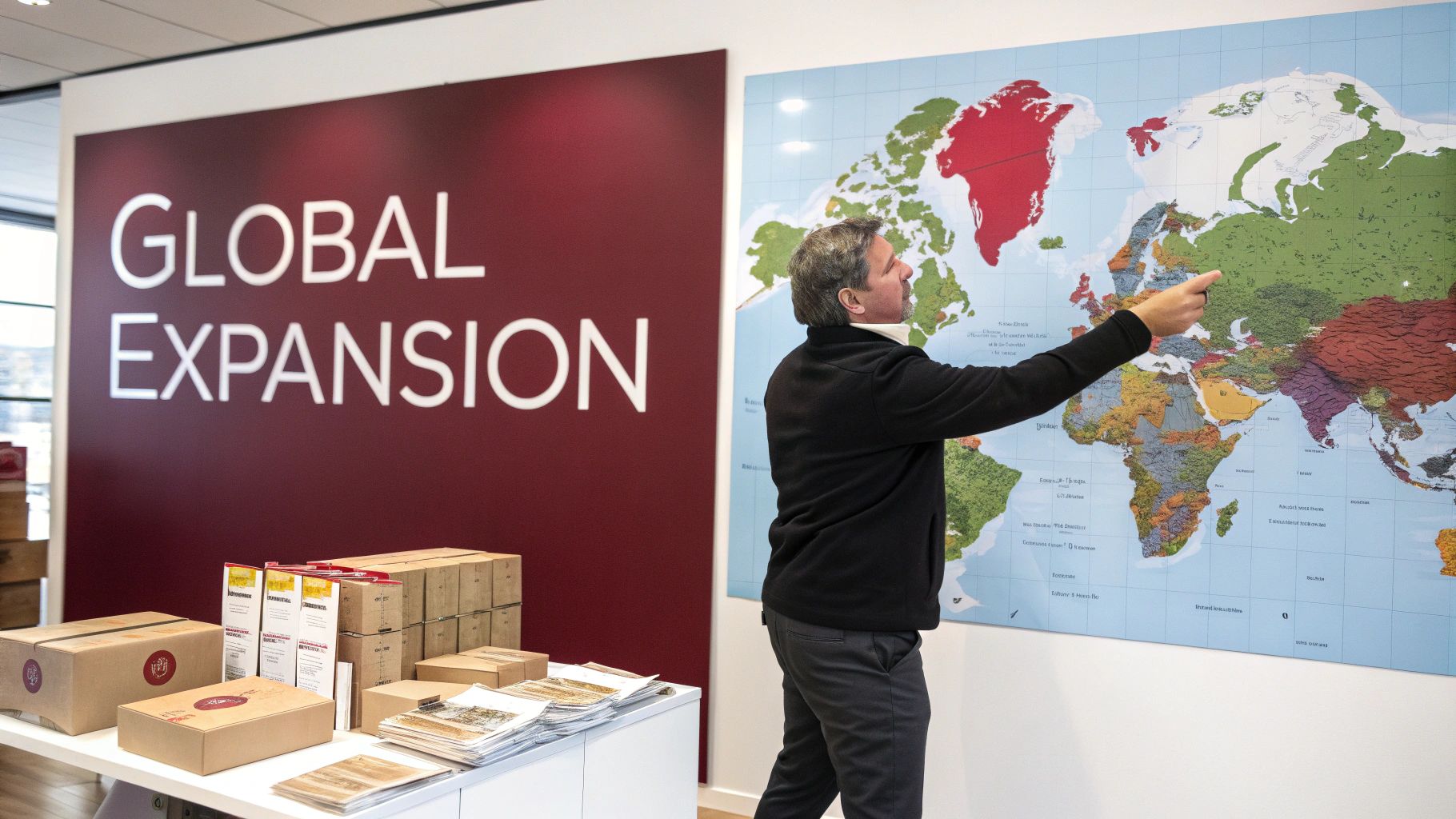 A man in a black jacket points at a world map, next to a "GLOBAL EXPANSION" sign and boxes.