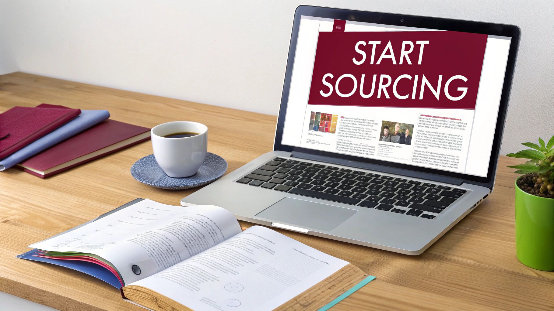 A laptop showing 'START SOURCING' on screen, with coffee, books, and a plant on a wooden desk.