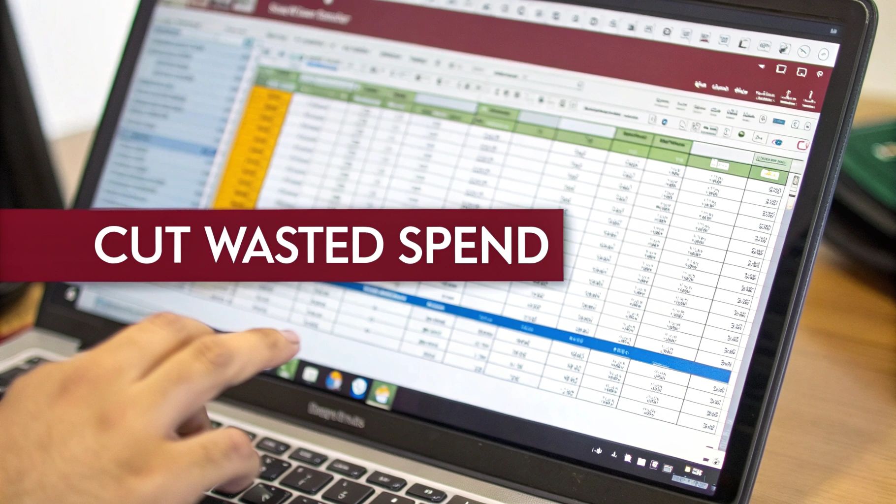 A hand interacts with a laptop displaying a financial spreadsheet and 'CUT WASTED SPEND' text.