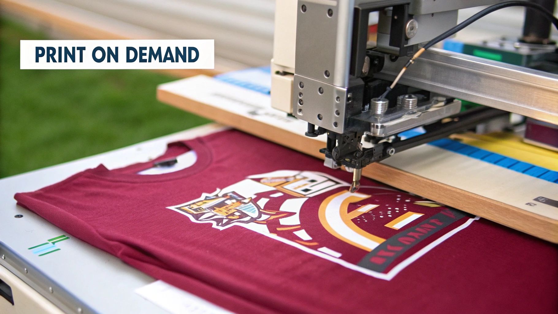 An assortment of print on demand products like a t-shirt, tote bag, and mug featuring a creative design.