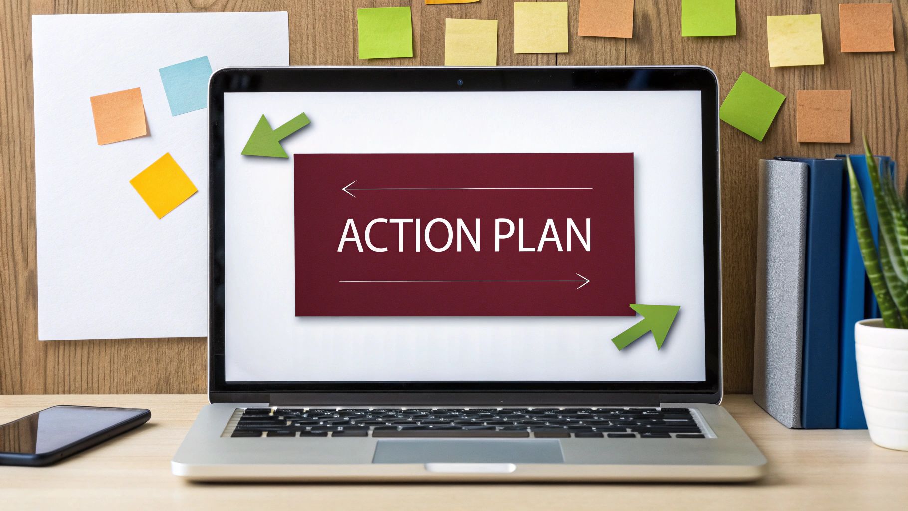 Action plan displayed on laptop screen with arrows and colorful sticky notes on wooden desk
