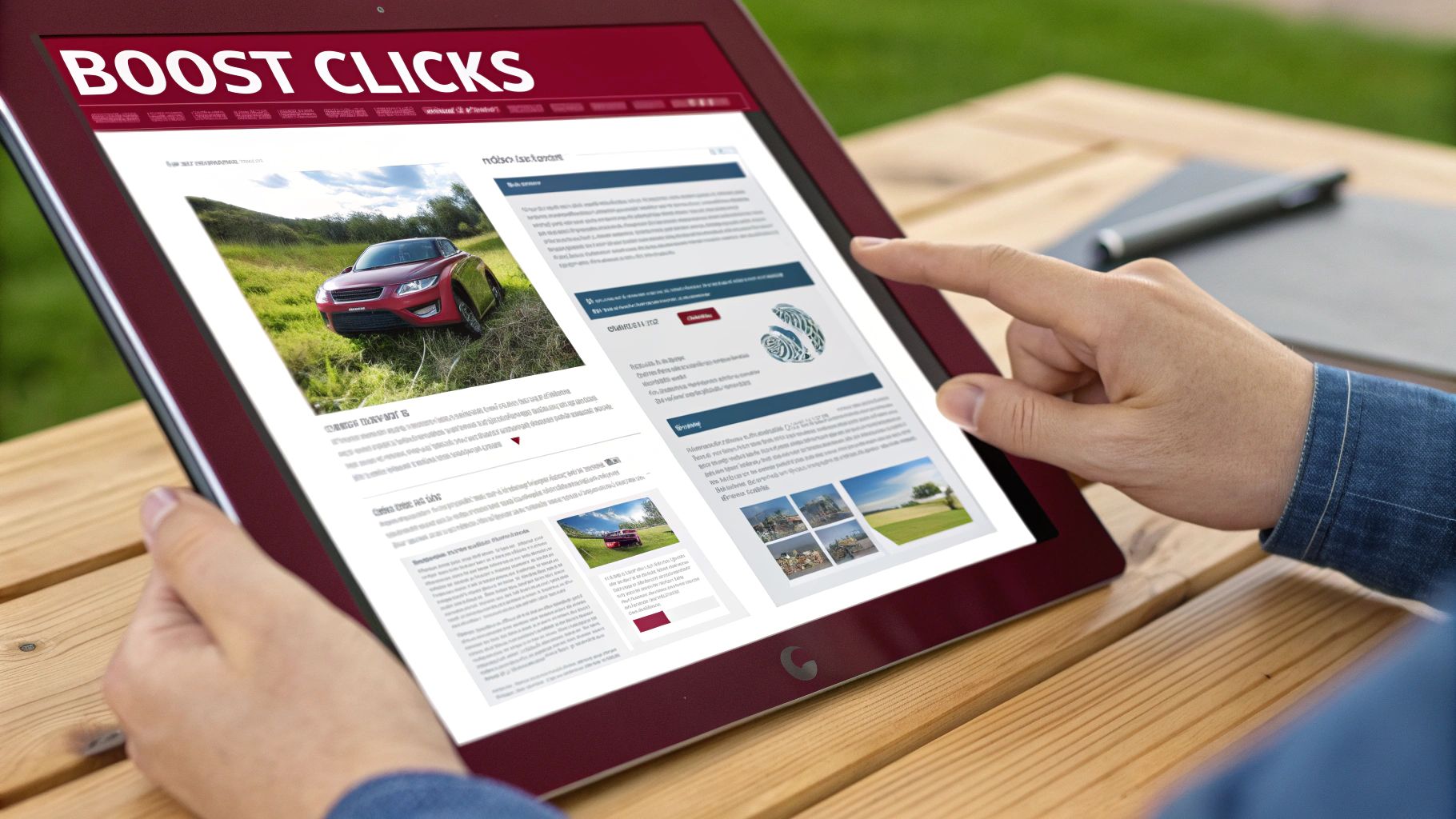 Person browsing a webpage on a tablet displaying 'BOOST CLICKS' and a red car image.