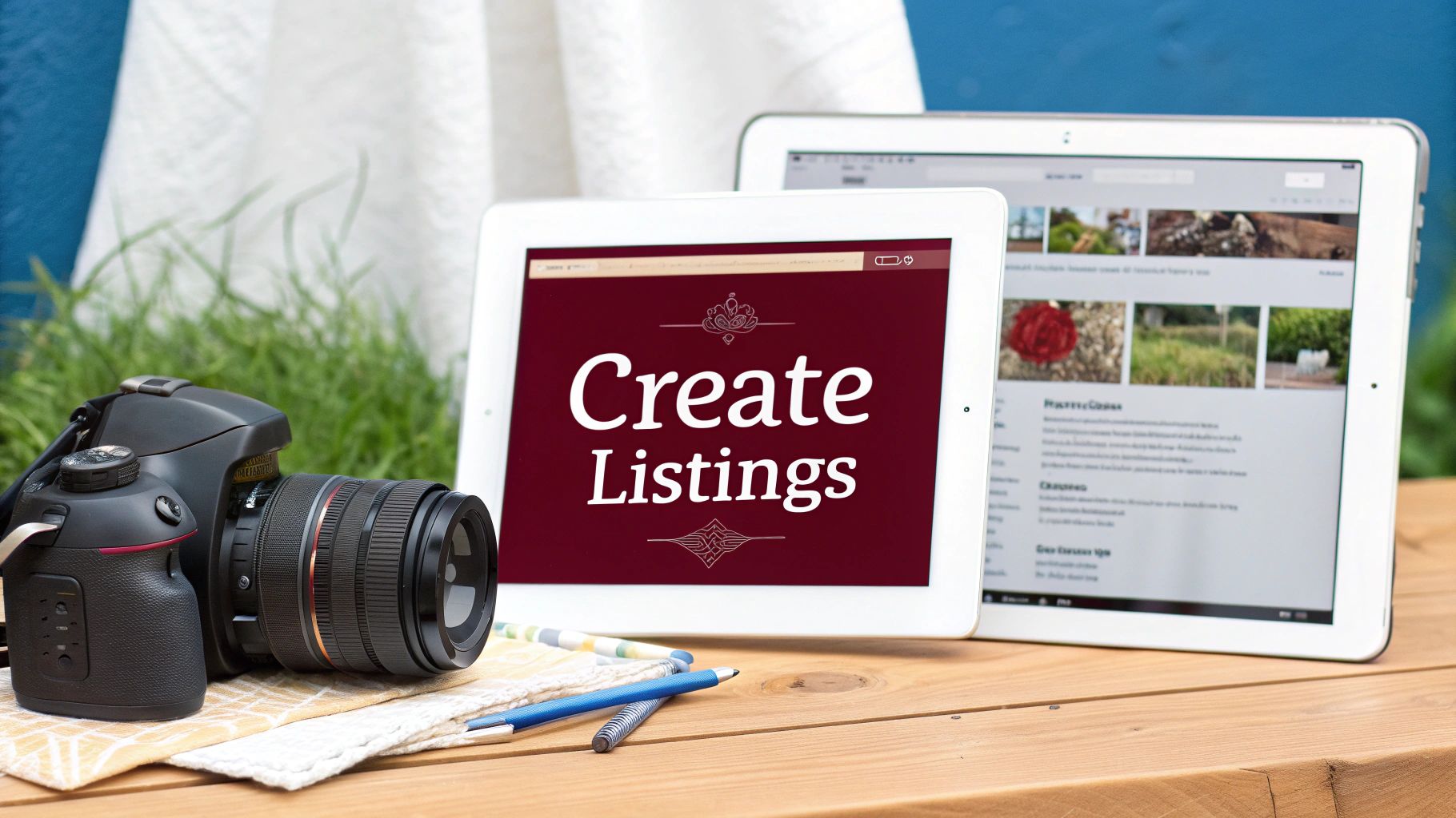 A DSLR camera, pencils, and two tablets on a wooden table, one showing 'Create Listings'.