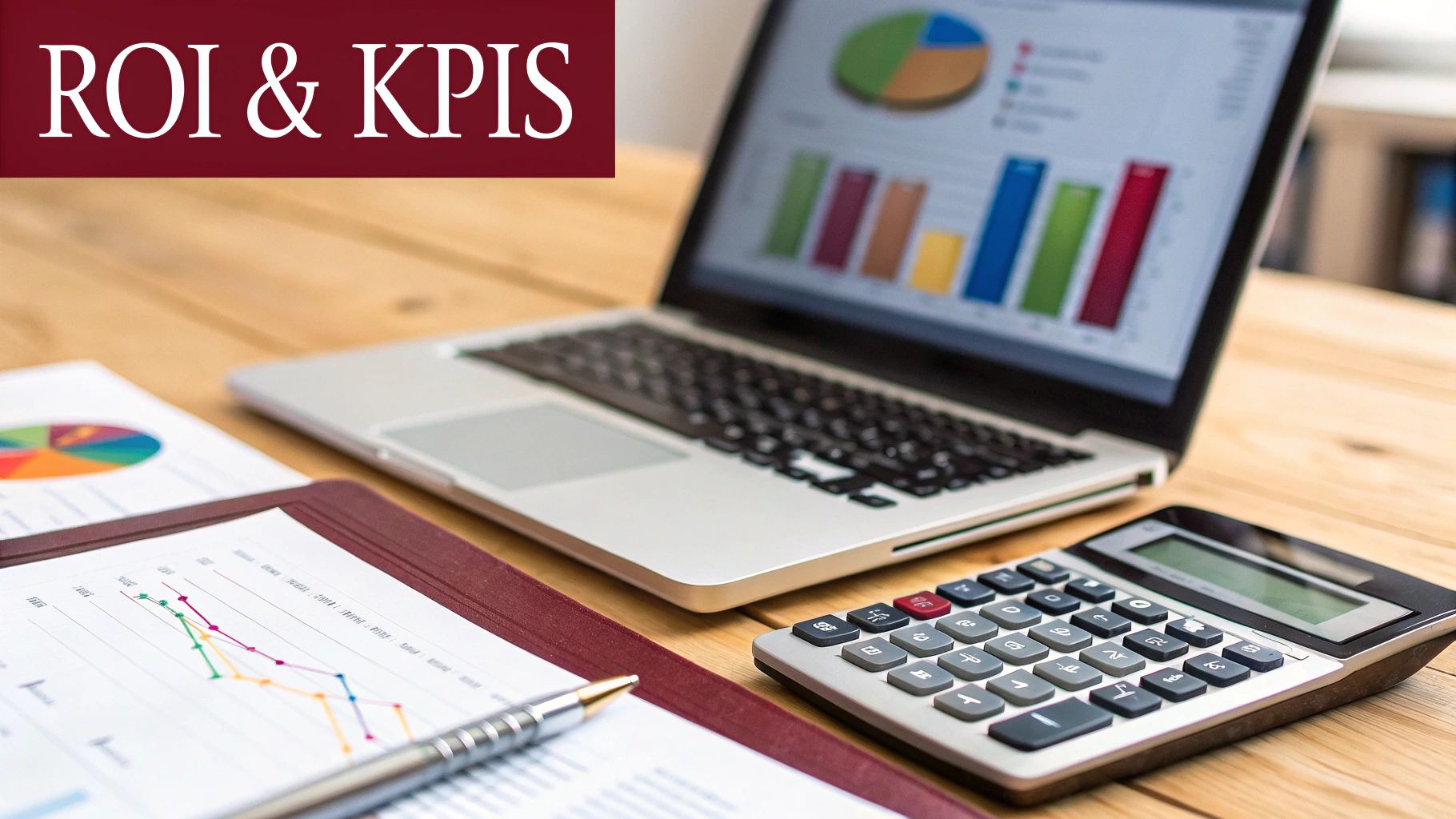 Laptop, calculator, and financial documents on a wooden desk, displaying ROI and KPI data.