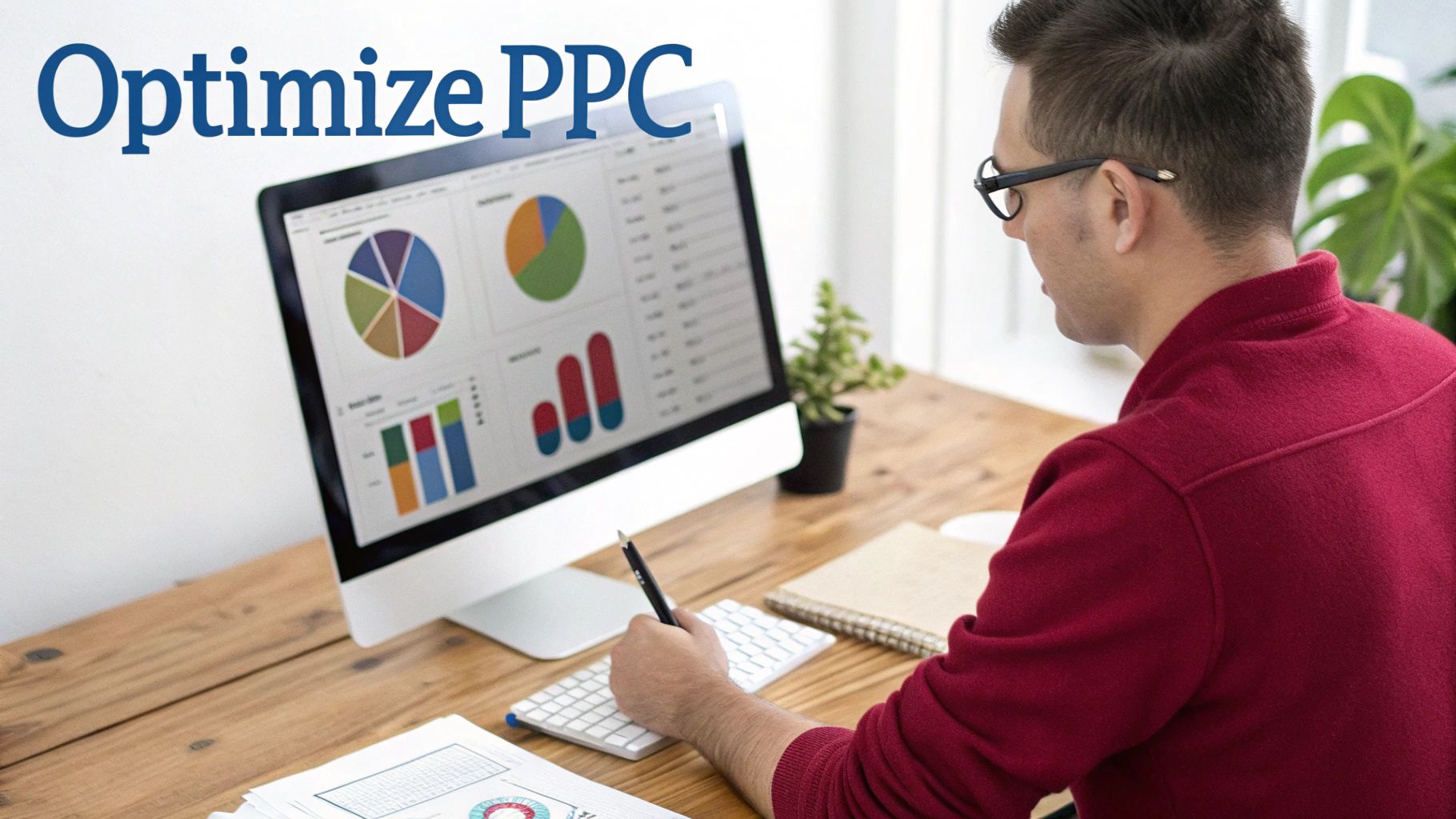 A digital marketer analyzing a PPC campaign dashboard with performance charts and graphs on a computer screen.