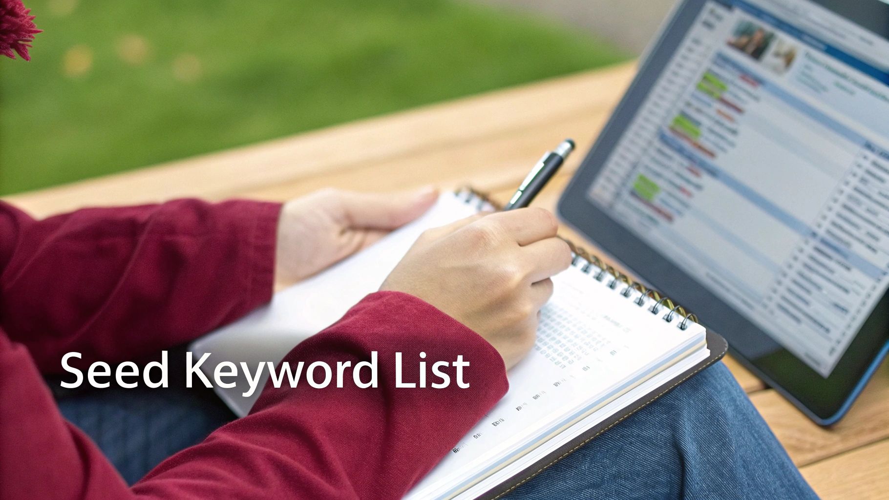 Person writing a seed keyword list in a notebook next to a tablet with research data.