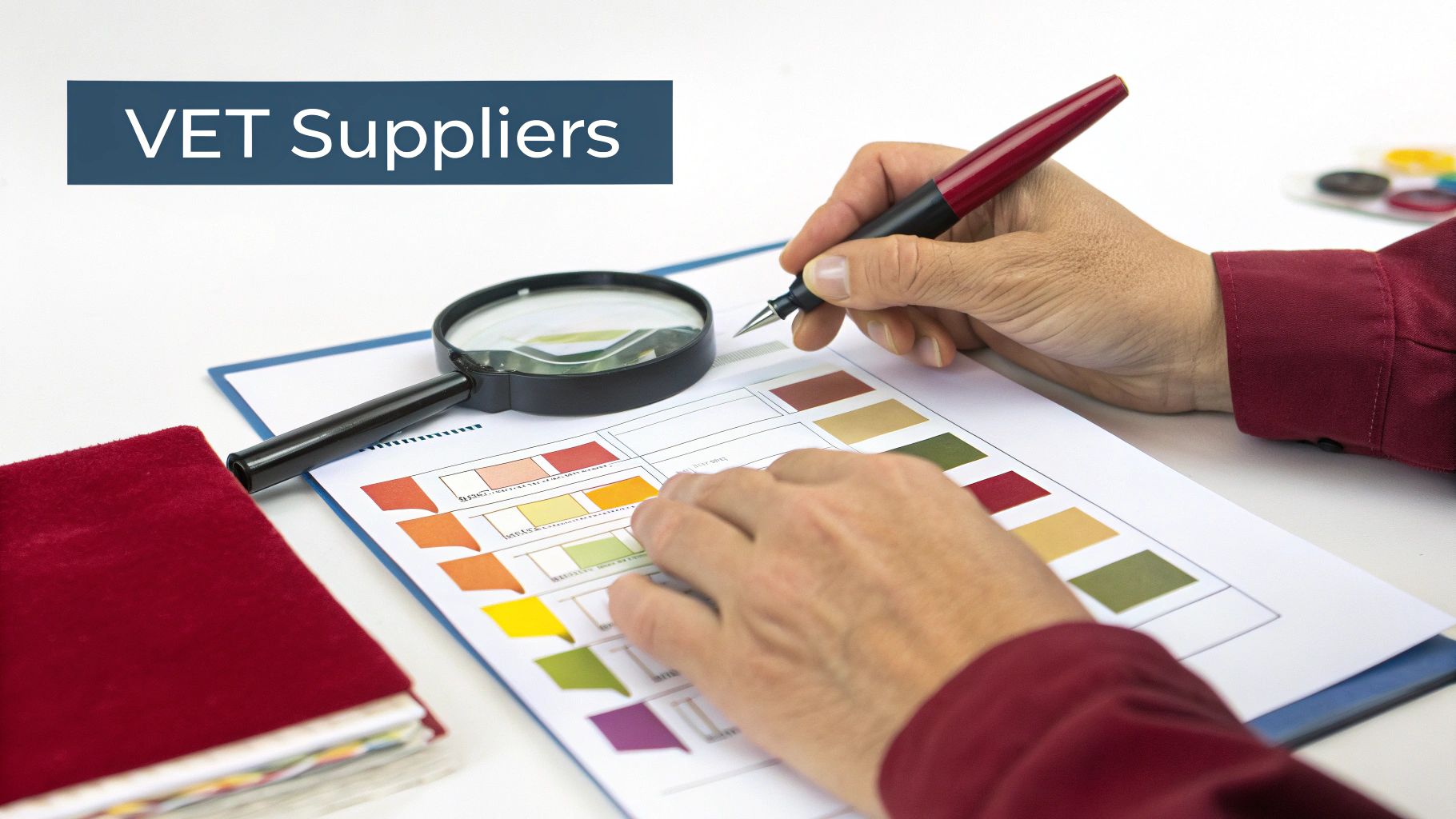 Hands reviewing a document with colorful labels, a magnifying glass, and a pen, under a 'VET Suppliers' banner.