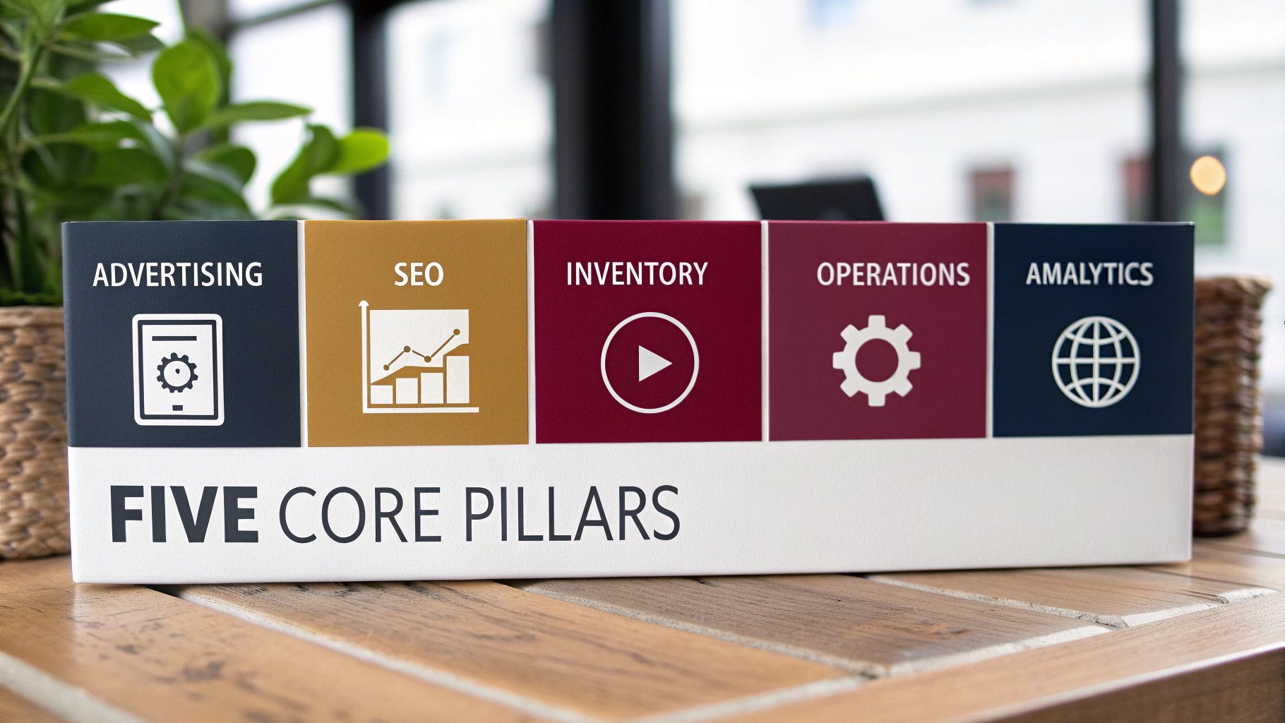 A physical display titled 'FIVE CORE PILLARS' outlining ADVERTISING, SEO, INVENTORY, OPERATIONS, and AMALYTICS.