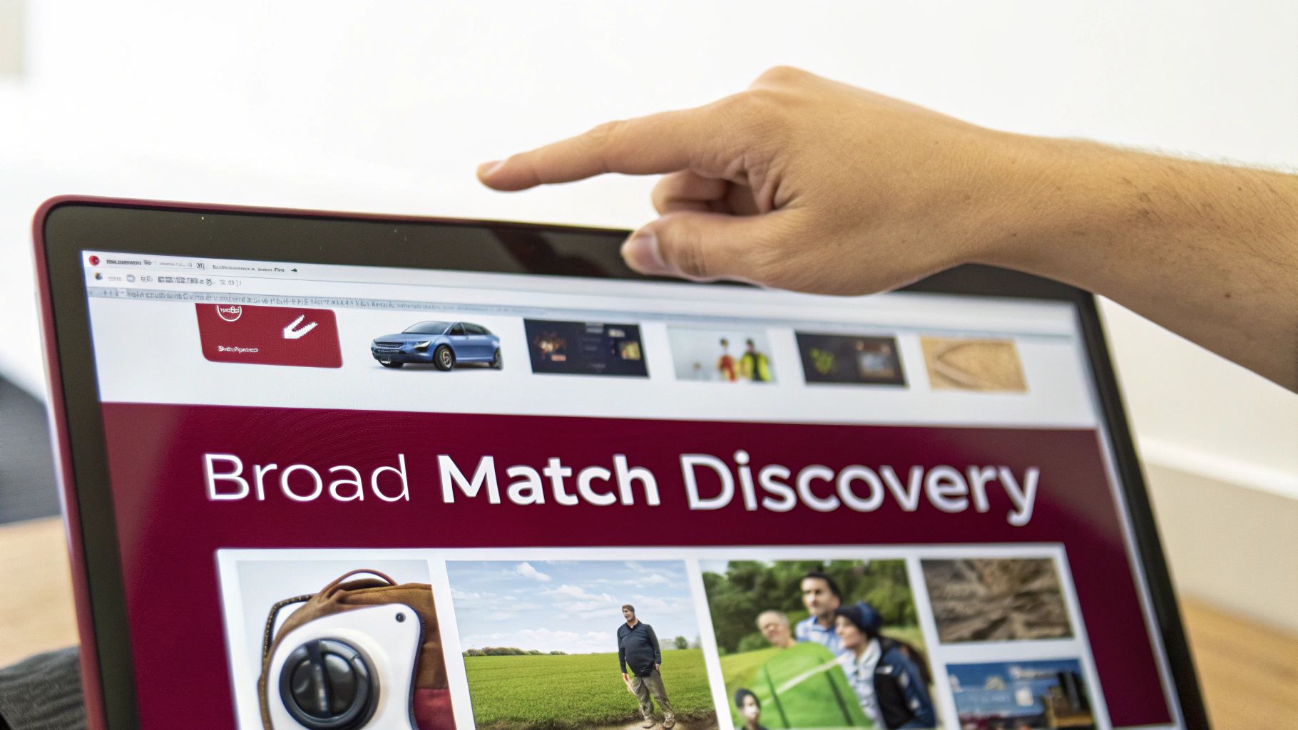 A hand points to a laptop screen displaying 'Broad Match Discovery' and various images.