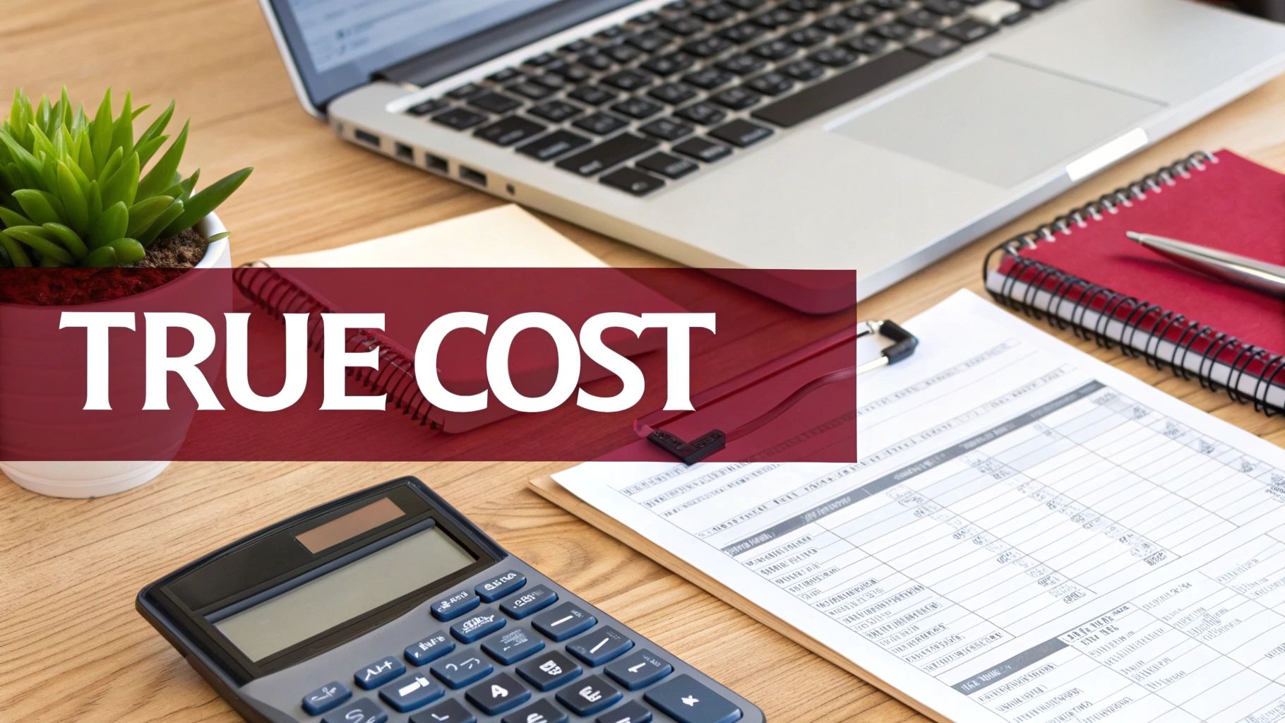 A person using a calculator to figure out marketplace fees and profit margins on a laptop.