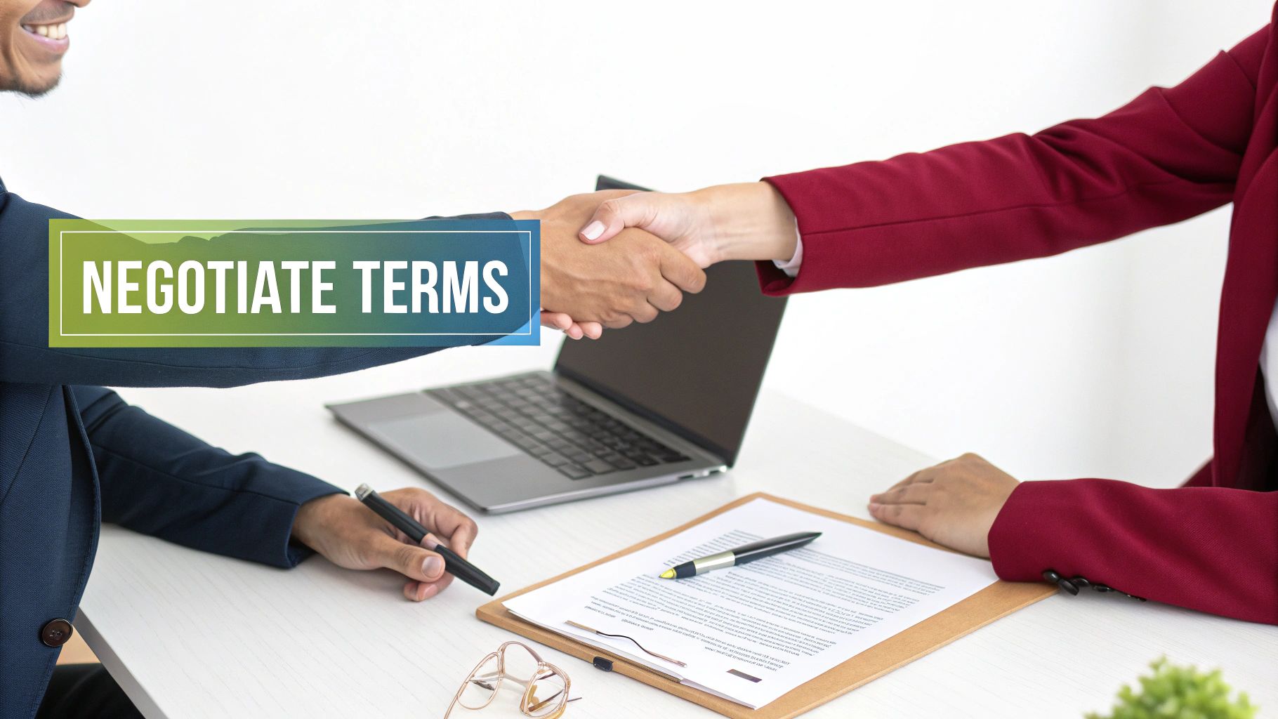 Two business people shaking hands over a desk with a laptop and contract, with 'NEGOTIATE TERMS' overlay.