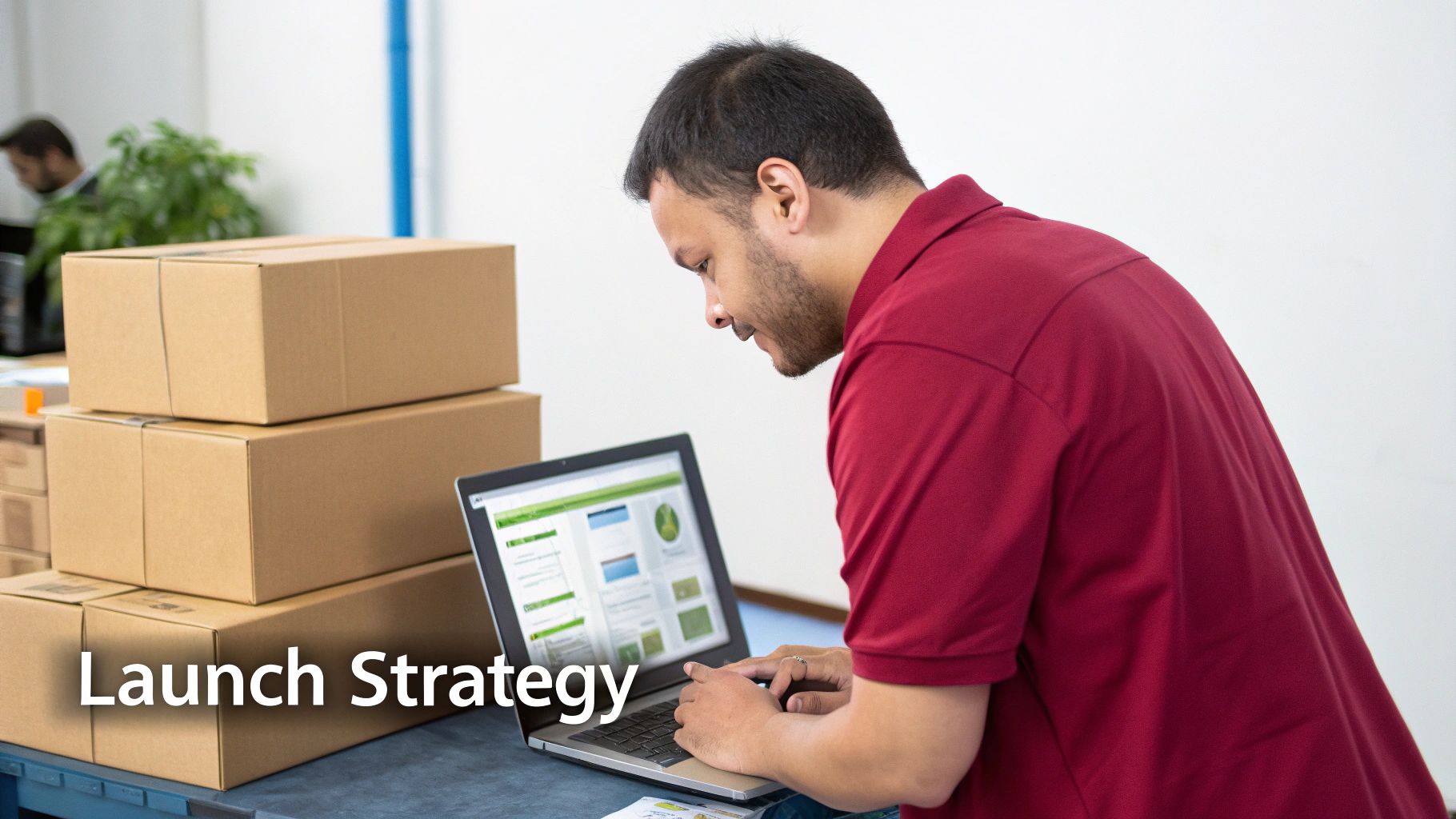 Young man in a red shirt working on a laptop next to a stack of shipping boxes.