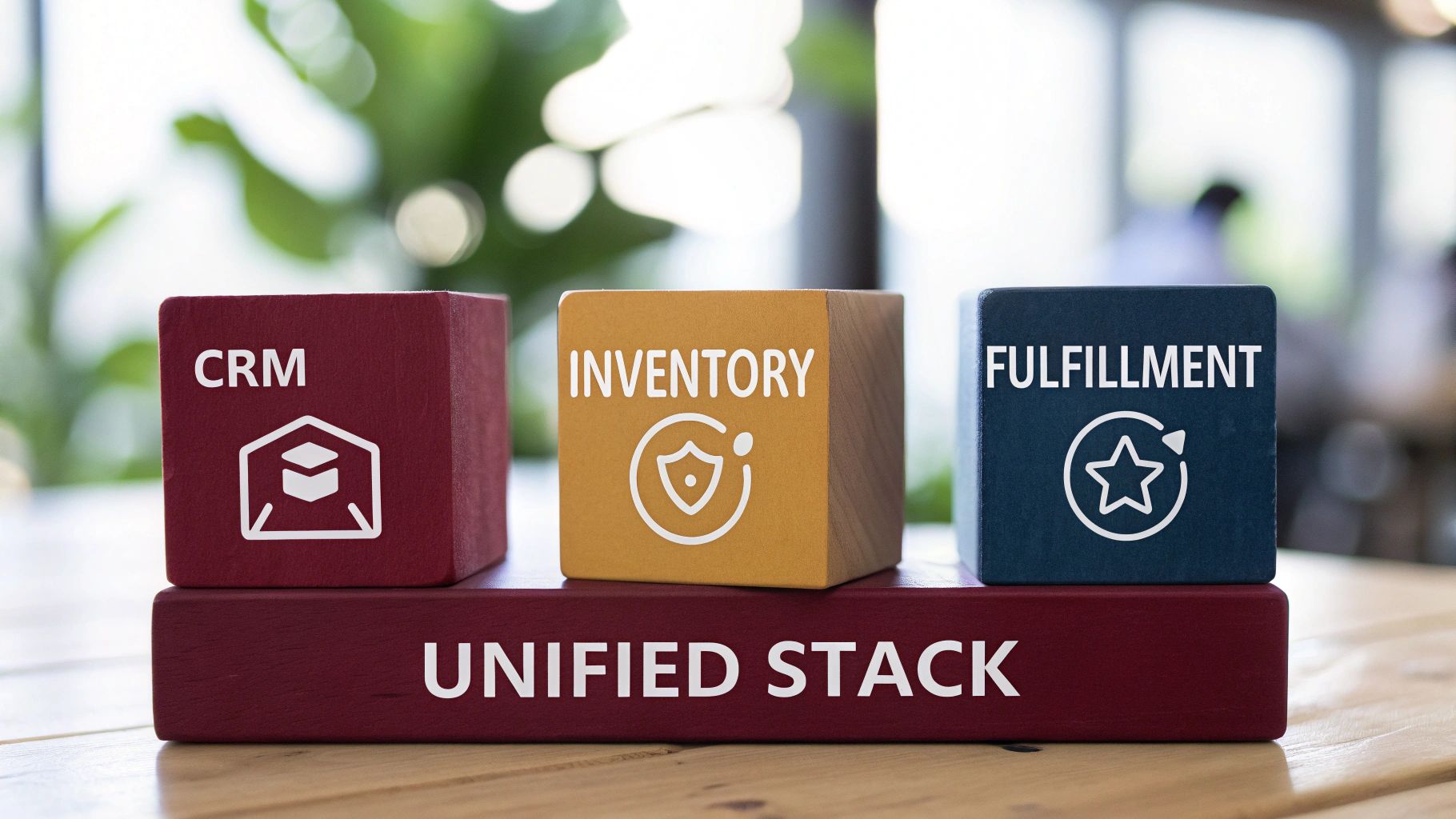 A person using a tablet to manage inventory, customer data, and sales channels, symbolizing a unified tech stack.