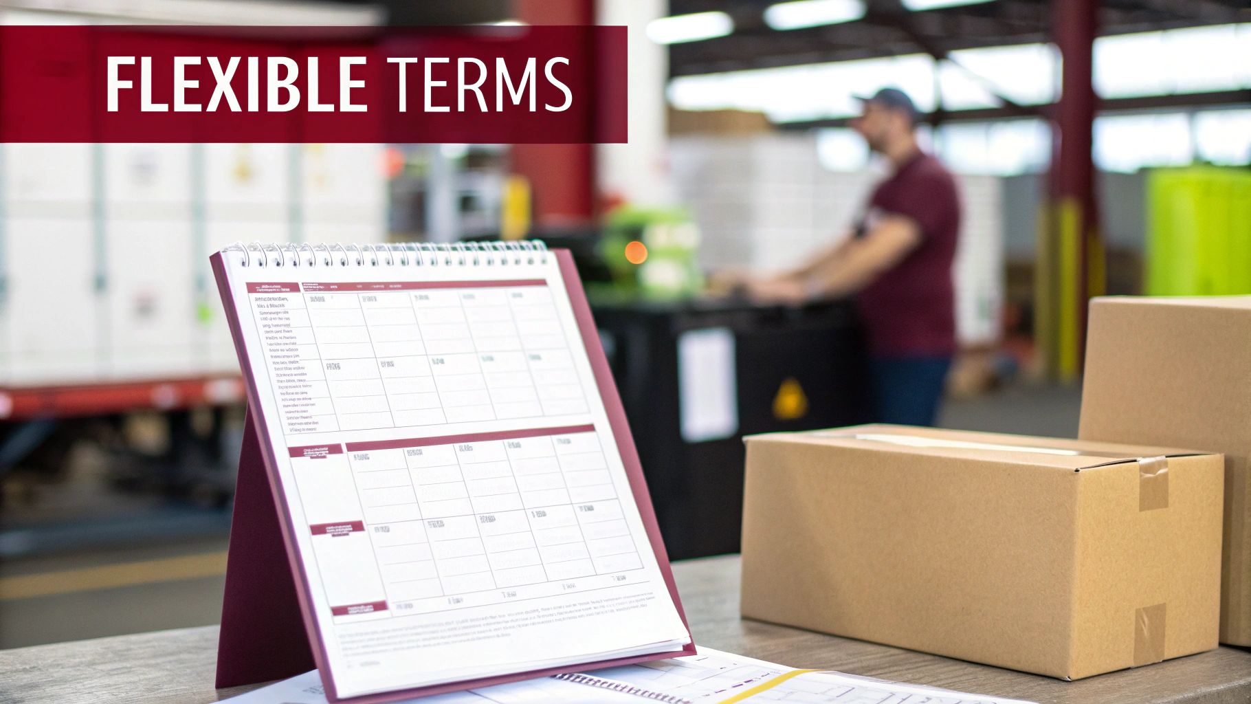A collage showing a calendar for lead times, a stack of cash for payment terms, and boxes representing Minimum Order Quantity.