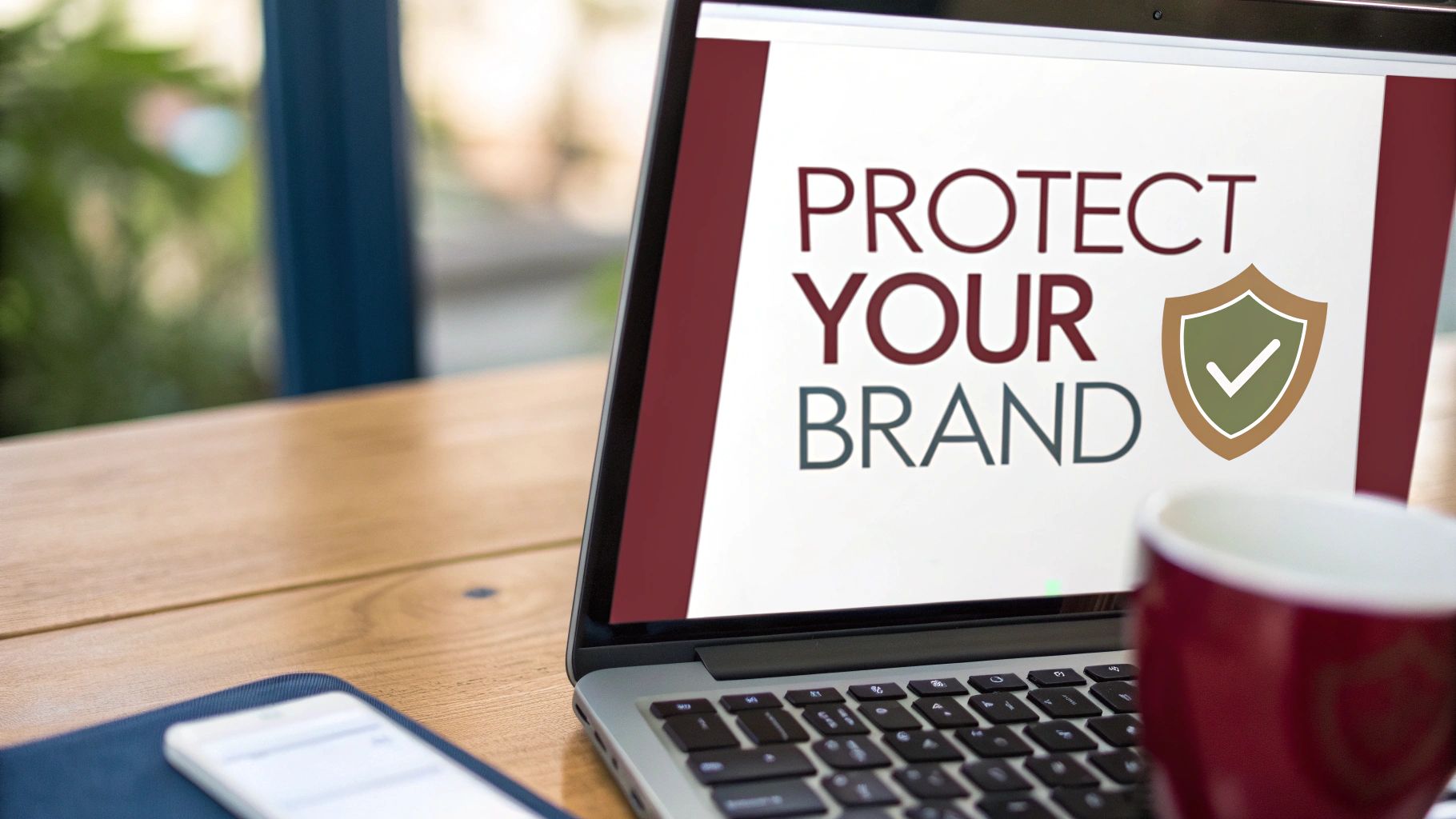 A laptop screen displays 'PROTECT YOUR BRAND' with a shield icon, next to a coffee cup and smartphone.