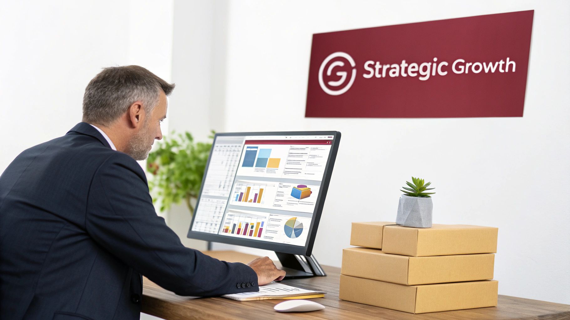 A businessman analyzes performance data on a monitor, with shipping boxes nearby, suggesting e-commerce growth.
