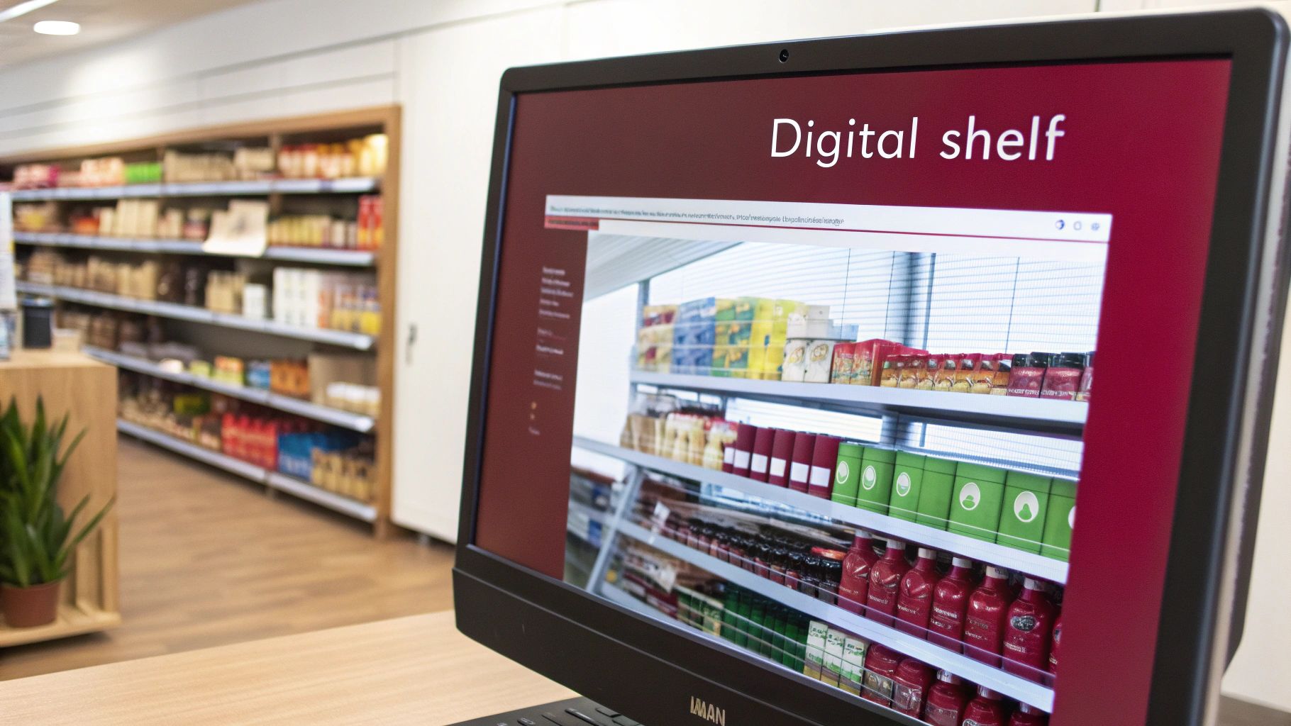 A person analyzing product data on a tablet in a warehouse setting, representing digital shelf management.