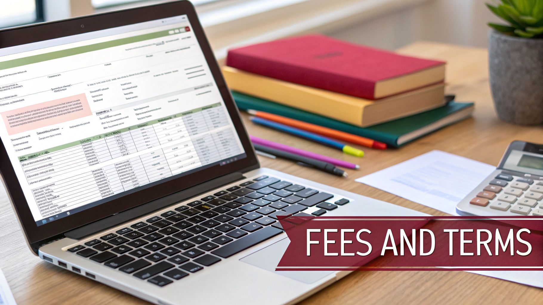 Office desk with a laptop displaying financial data, books, and a calculator, with a 'FEES AND TERMS' banner.