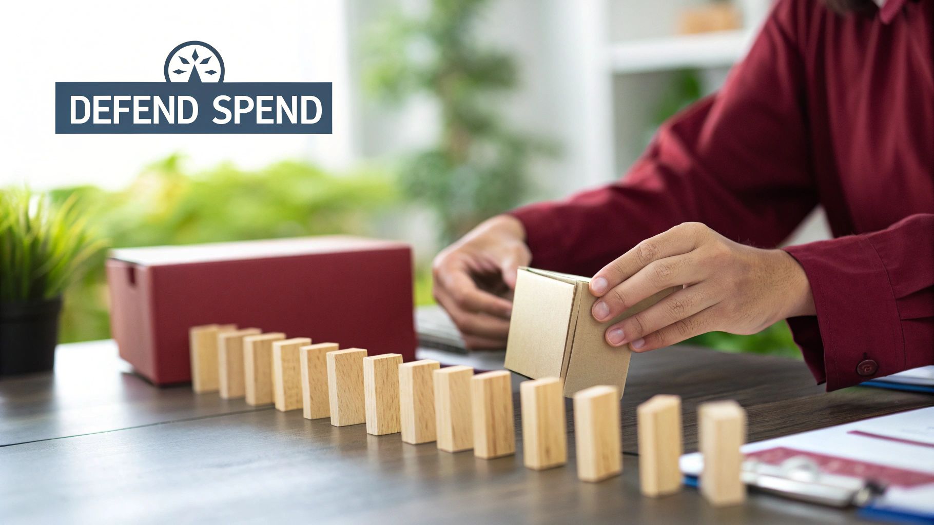A person in a red shirt strategically places a box to stop dominoes, symbolizing financial defense.