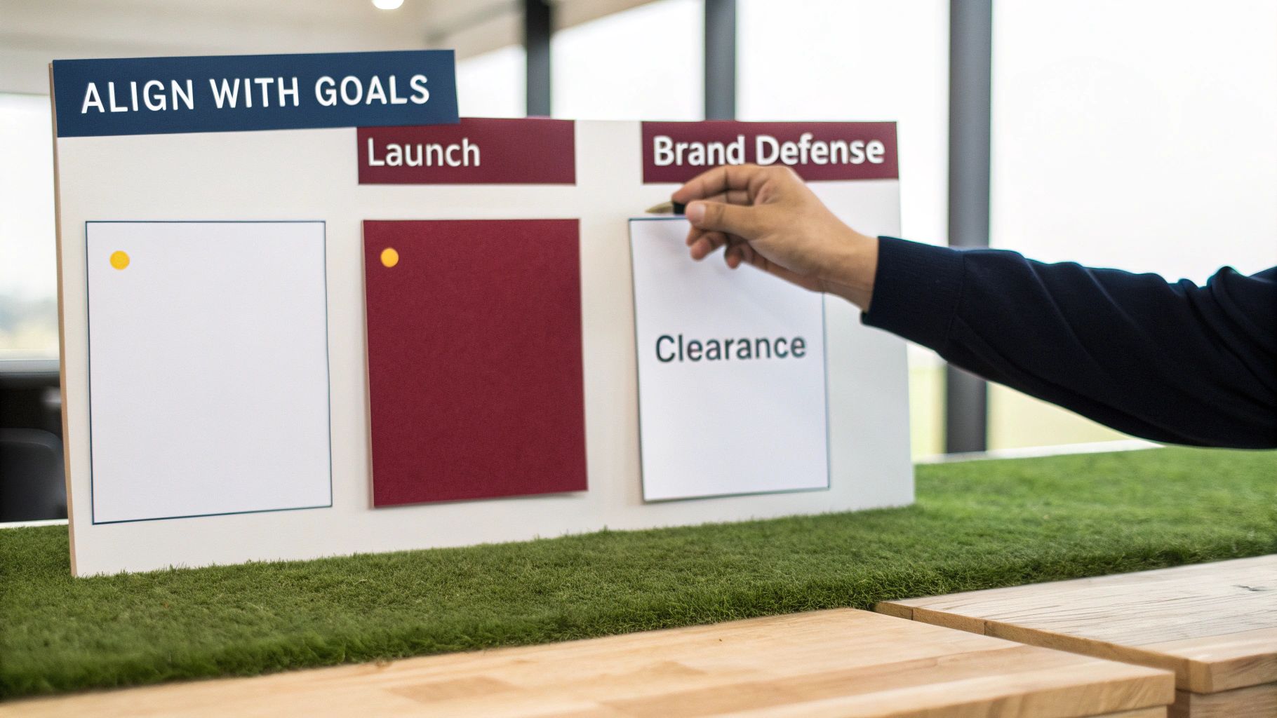 A hand places a 'Clearance' card on a strategy board with 'Align with Goals' sections.
