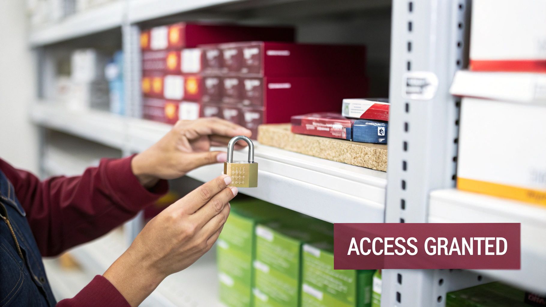 A person holds a golden padlock, symbolizing access and security, in front of warehouse shelves.