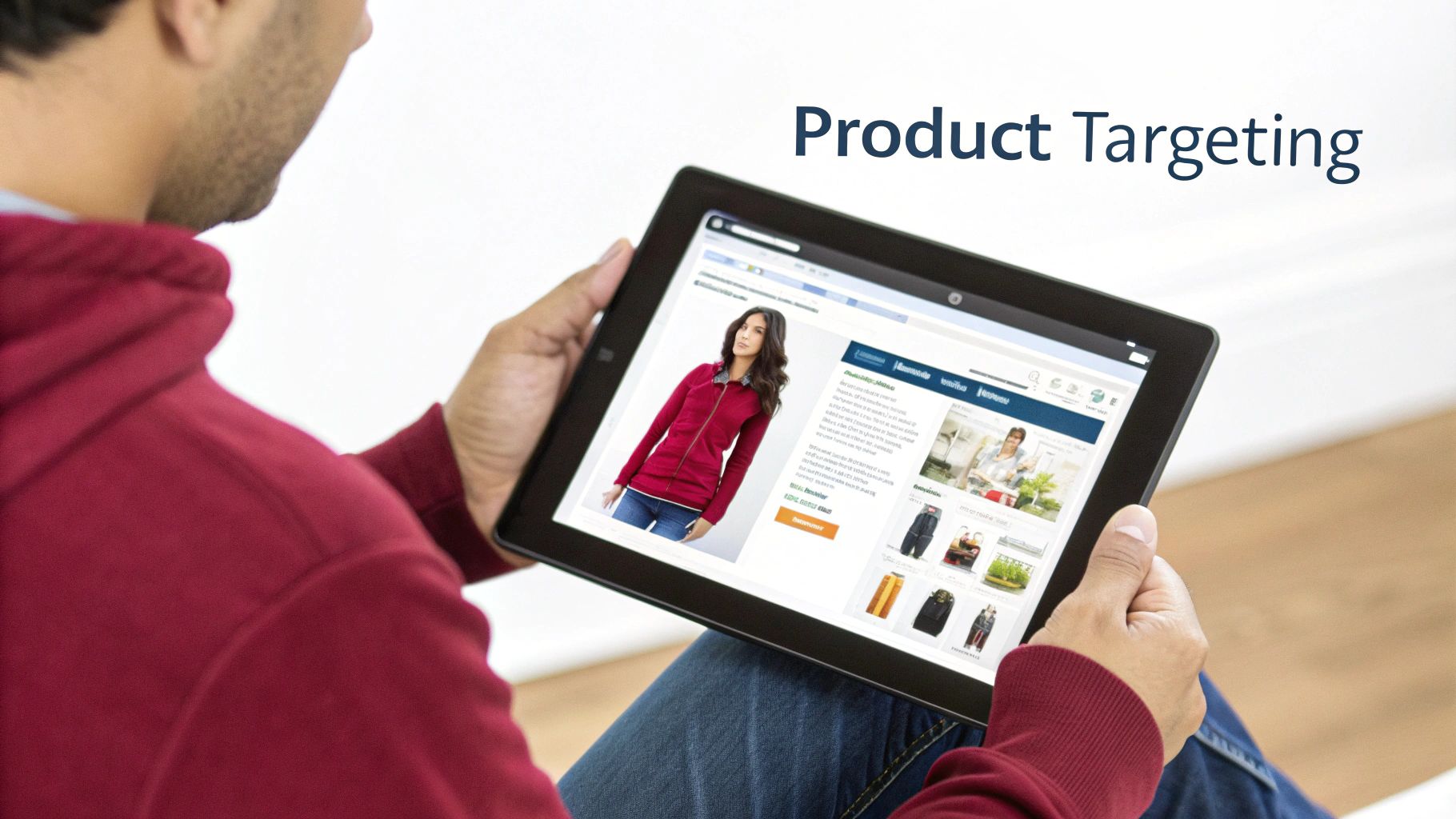 A person in a red hoodie holds a tablet displaying an e-commerce website with product targeting.