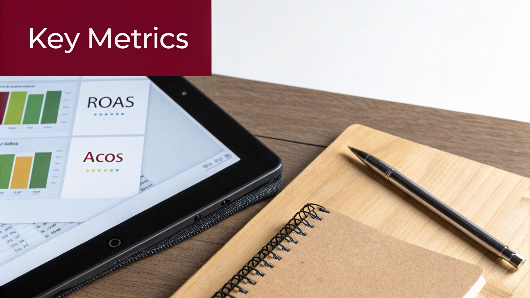 Business analytics dashboard displaying ROAS and ACOS metrics on tablet with notebook and pen