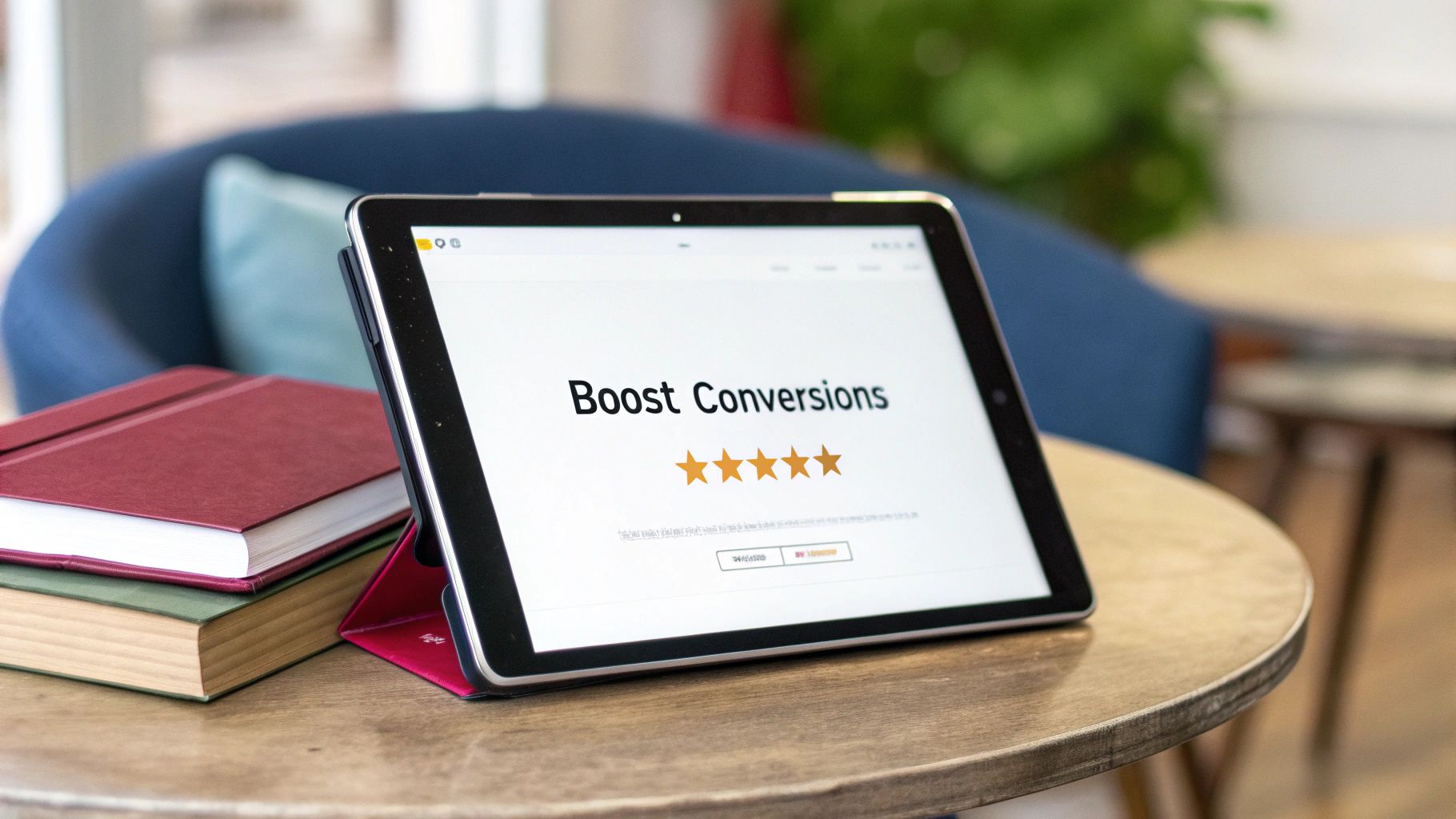 A tablet on a wooden table displays 'Boost Conversions' with a five-star rating, next to two books.
