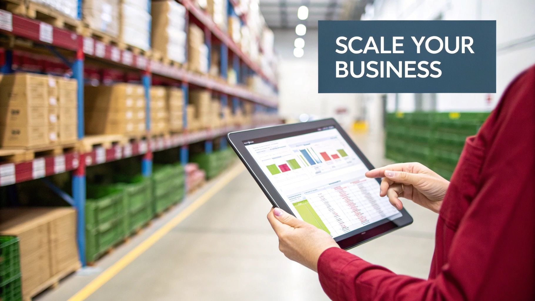 Person using a digital tablet in a warehouse, displaying data and charts for business scaling.