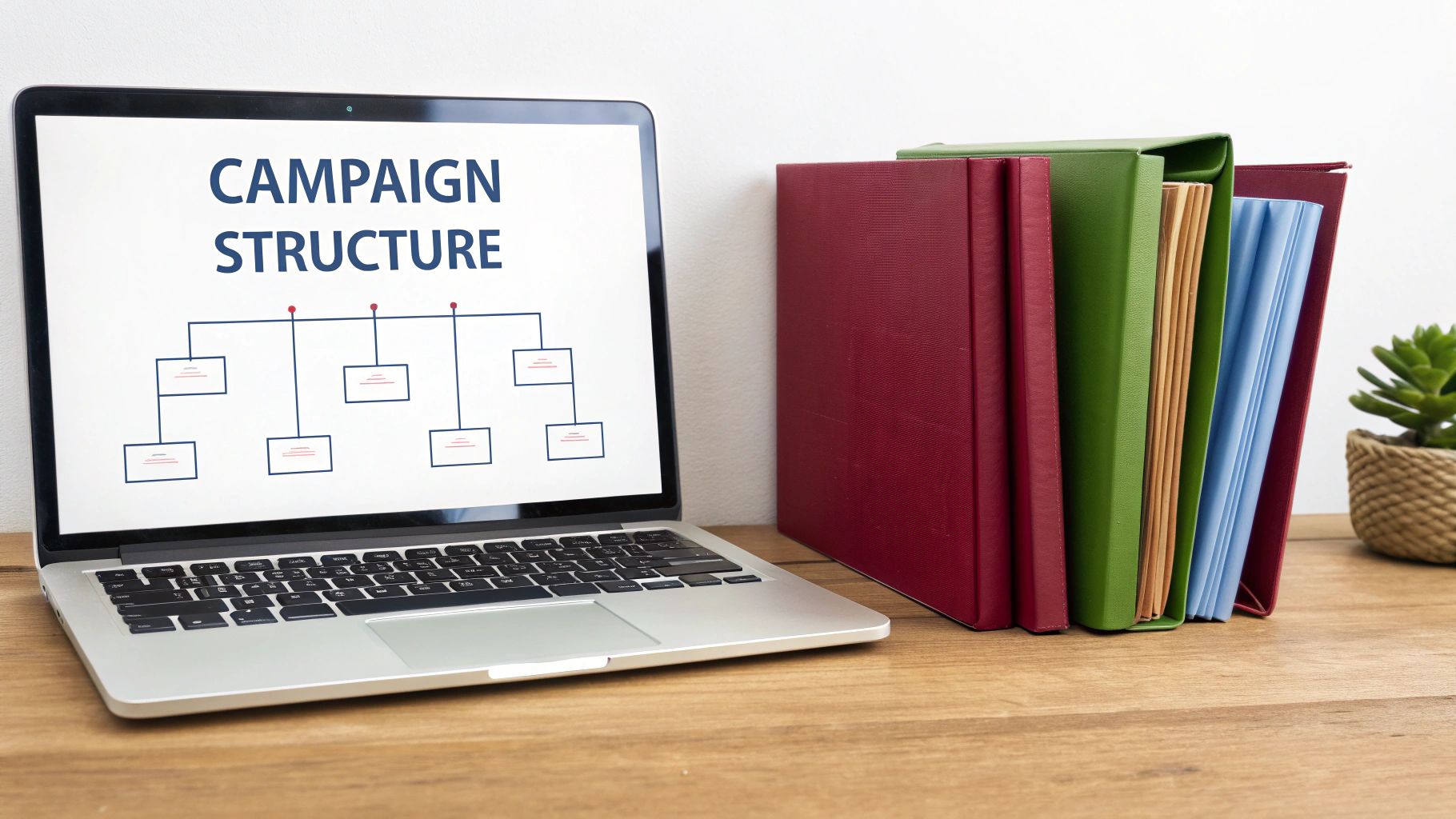 A laptop displaying a 'Campaign Structure' flowchart next to colorful binders and a plant on a wooden desk.