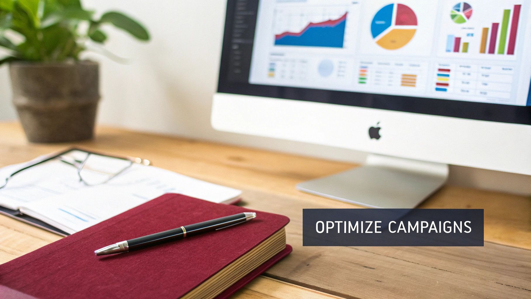 A desk with a computer displaying business analytics, a red notebook, pen, and glasses, for campaign optimization.