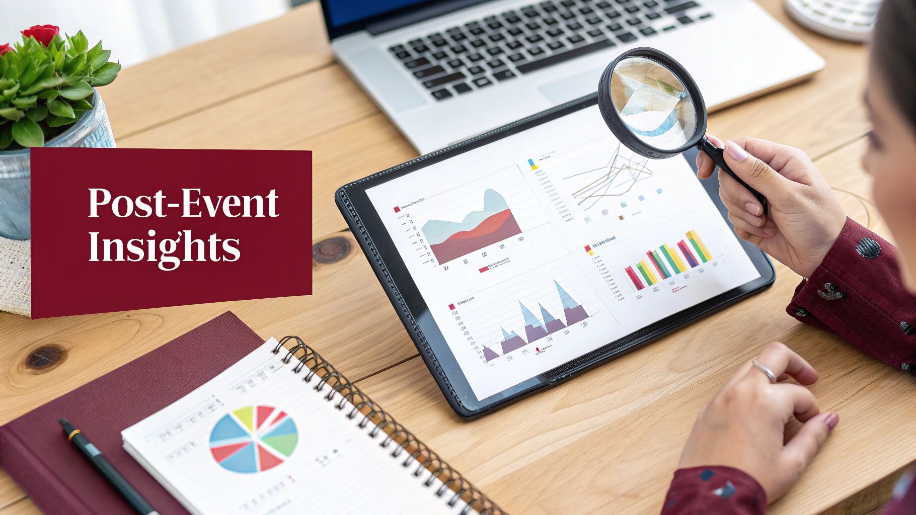 Person analyzing 'Post-Event Insights' data on a tablet with a magnifying glass.