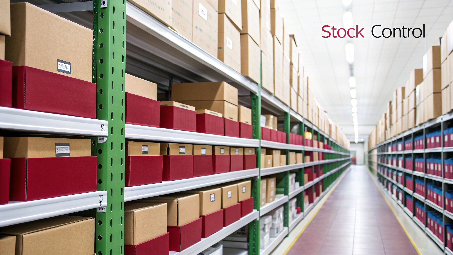 A warehouse aisle with organized shelves full of boxes, indicating effective inventory management.