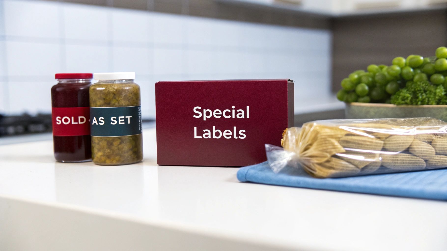 A close-up of various Amazon warning labels, such as 'Sold as Set' and suffocation warnings, on different product packages.