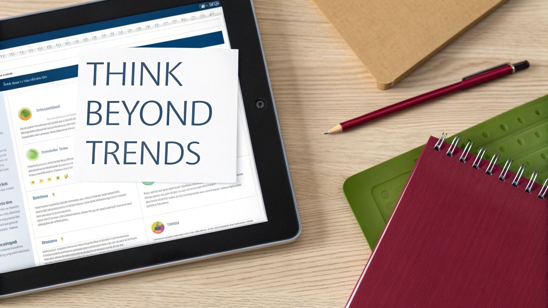 Digital tablet displaying 'THINK BEYOND TRENDS' on a sticky note, with office supplies on a wooden desk.