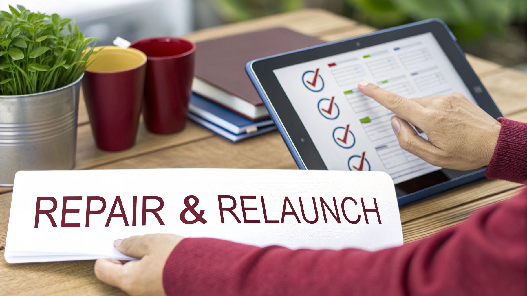 A person holds a "REPAIR & RELAUNCH" sign while interacting with a tablet showing a checklist.