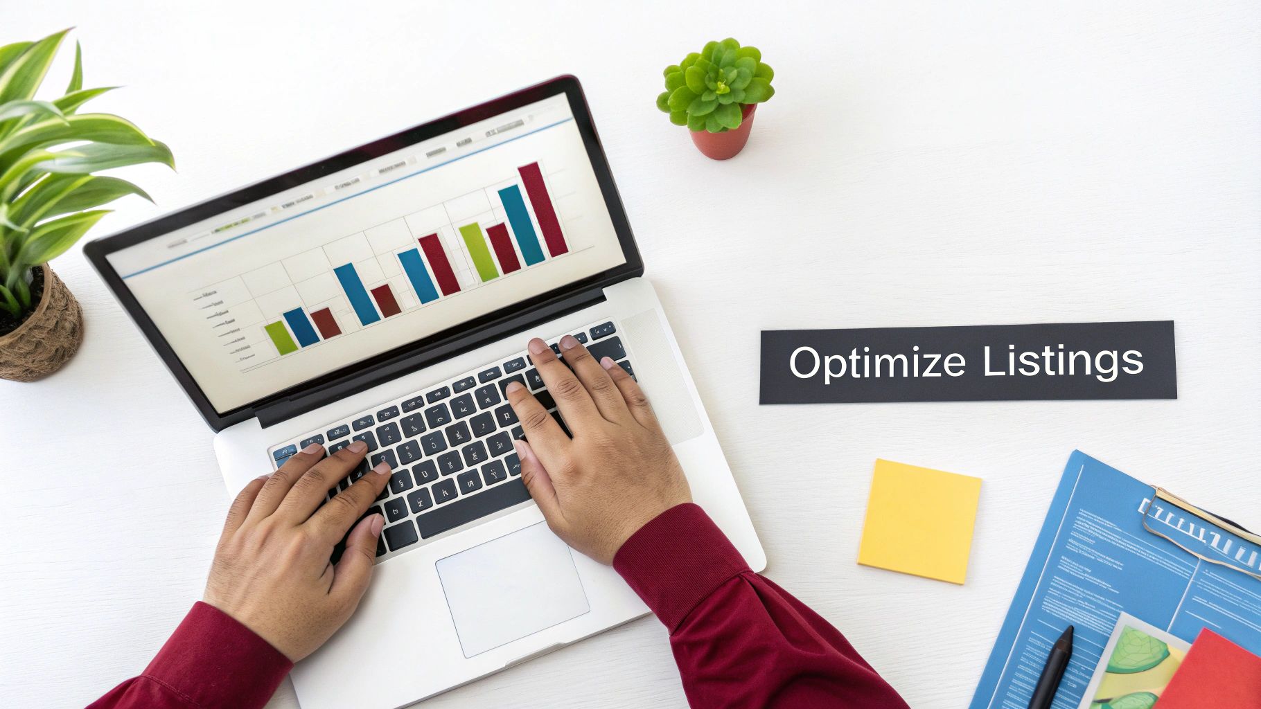 Overhead view of hands typing on a laptop displaying a bar graph, next to a sign saying 'Optimize Listings'.