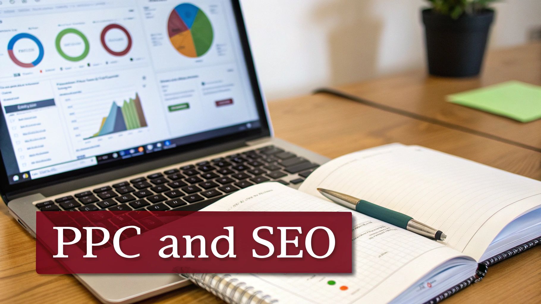 A laptop screen displaying marketing analytics charts and graphs, with an open notebook and pen, featuring a 'PPC and SEO' text overlay on a desk.