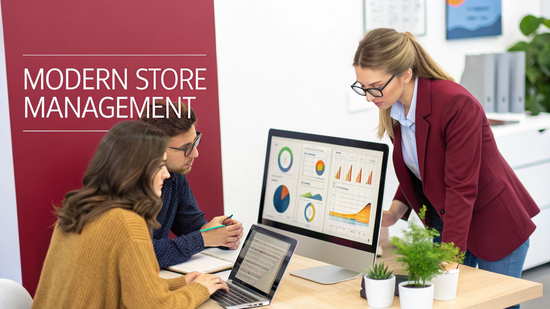Three professionals analyze store management data on computer screens in a modern office.