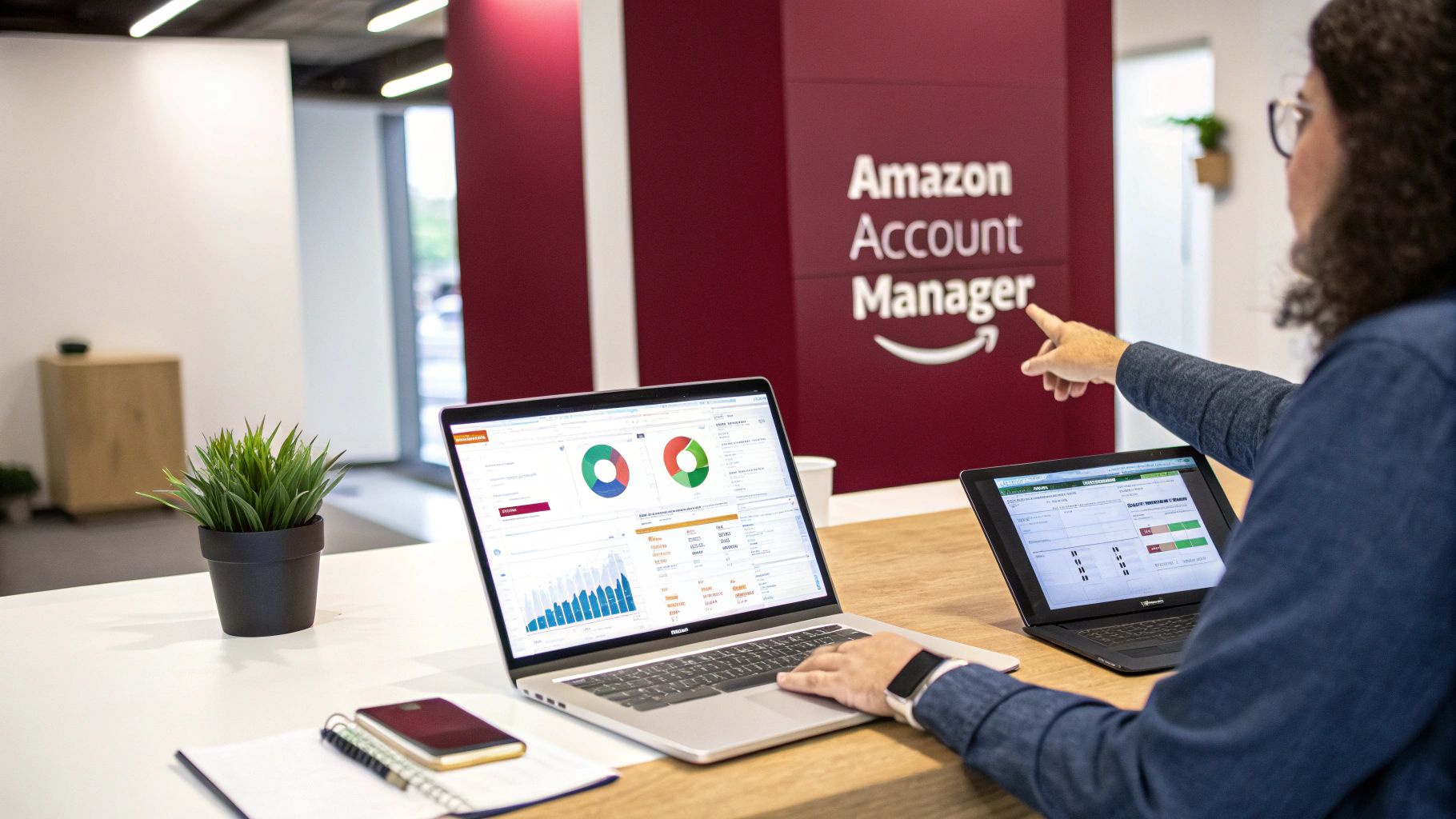 A person points to an Amazon Account Manager sign while working on laptops displaying business data.