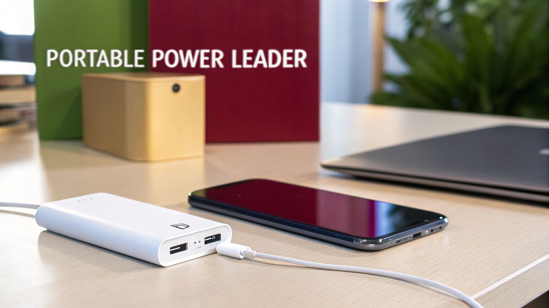 A white portable power bank charges a smartphone on a table with tech accessories.