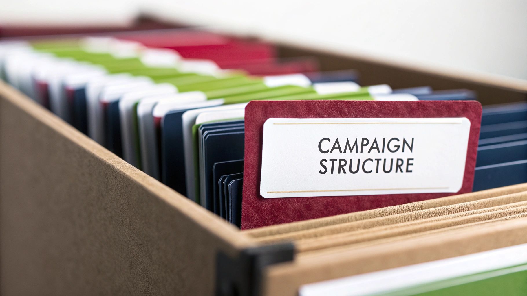 A close-up view of a filing box with a red folder tab labeled "CAMPAIGN STRUCTURE" among other colored folders.