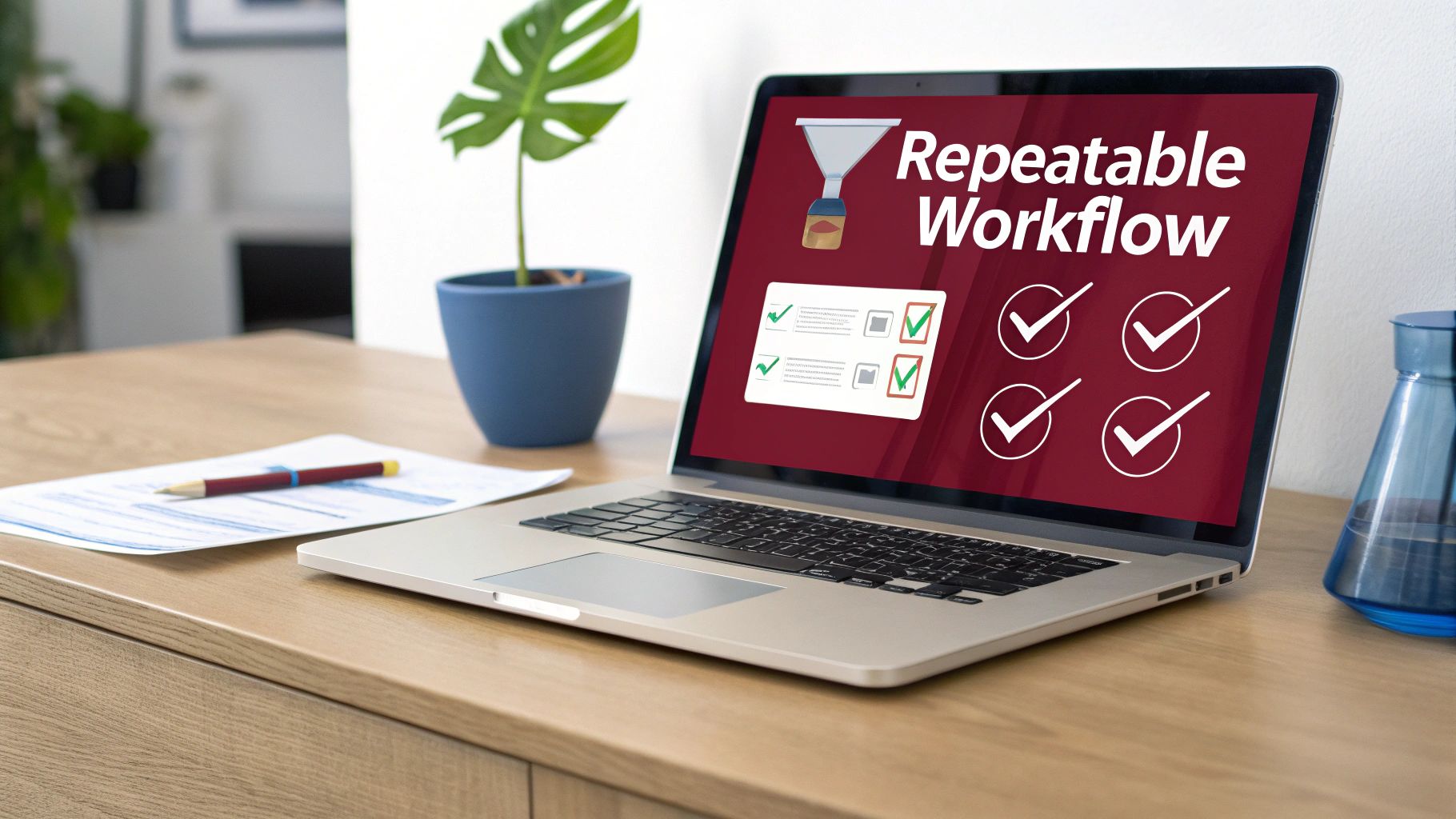 A laptop on a wooden desk displaying 'Repeatable Workflow' with a funnel and checkmark icons.
