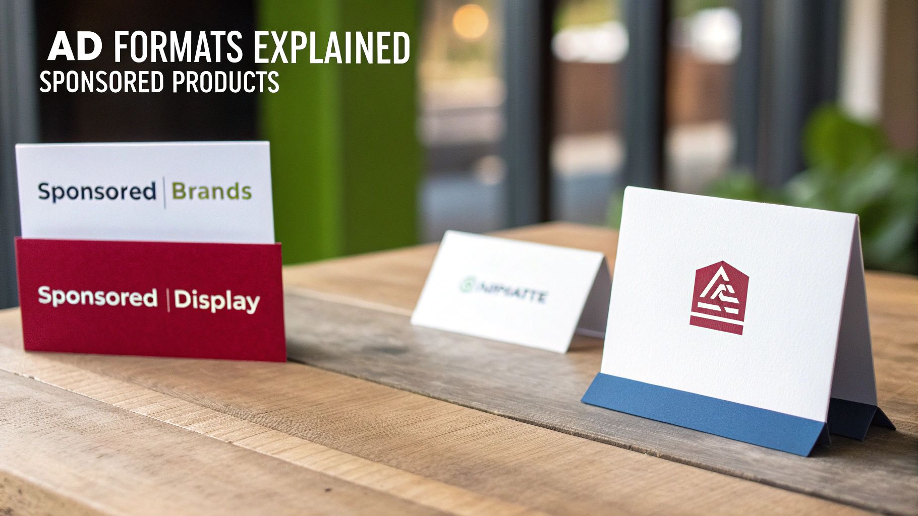 Table tents on a wooden table displaying 'AD FORMATS EXPLAINED - SPONSORED PRODUCTS' with 'Sponsored Brands' and 'Sponsored Display' branding.
