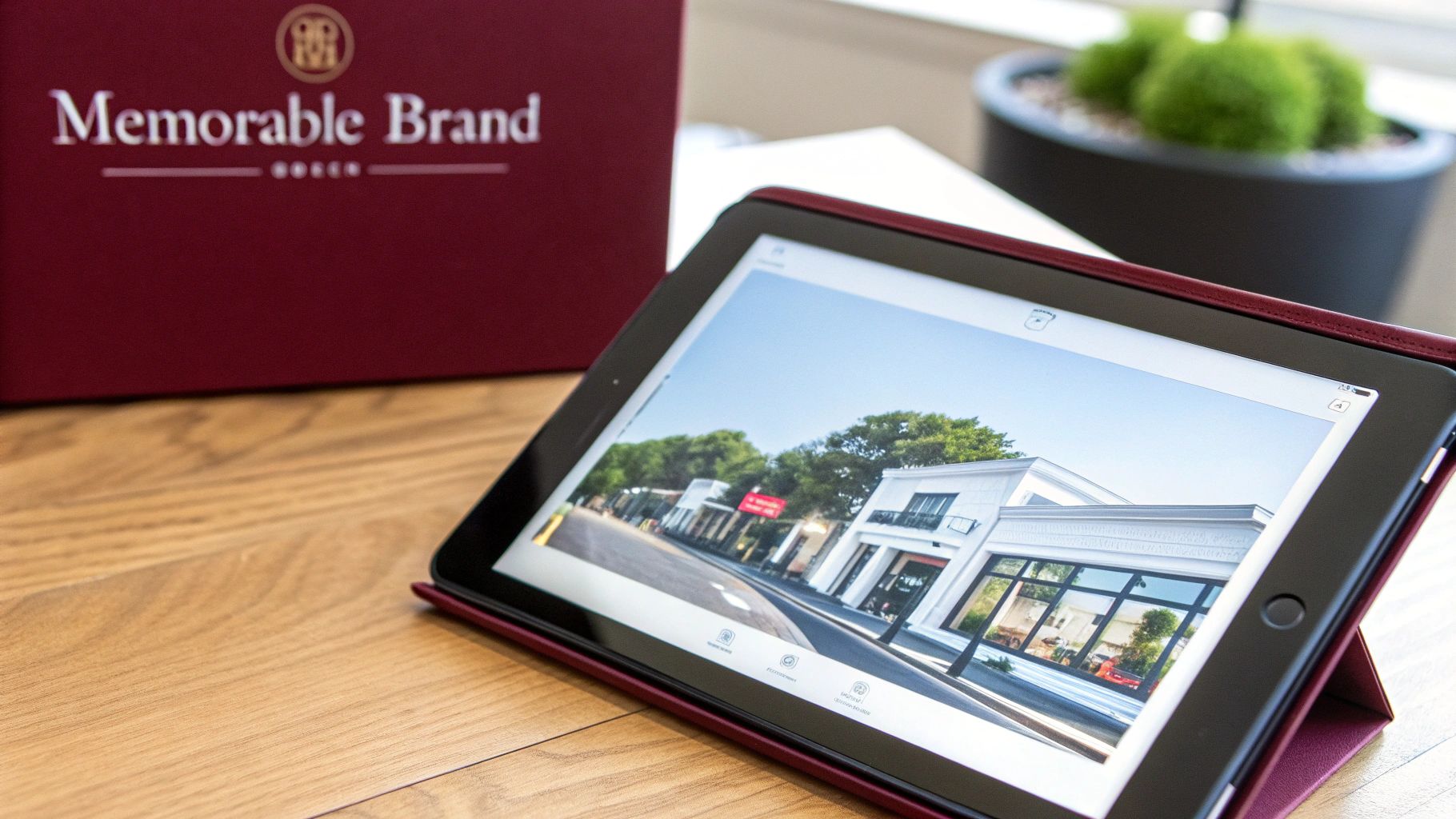 An iPad in a red case displaying modern buildings, next to a 'Memorable Brand' box on a wooden table.