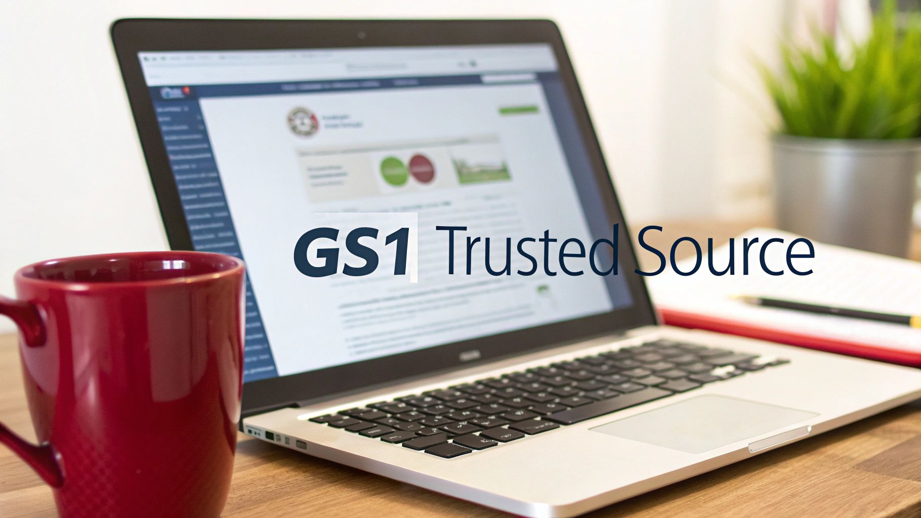 A person holding a smartphone displaying the GS1 logo, with a background of warehouse shelves filled with products.