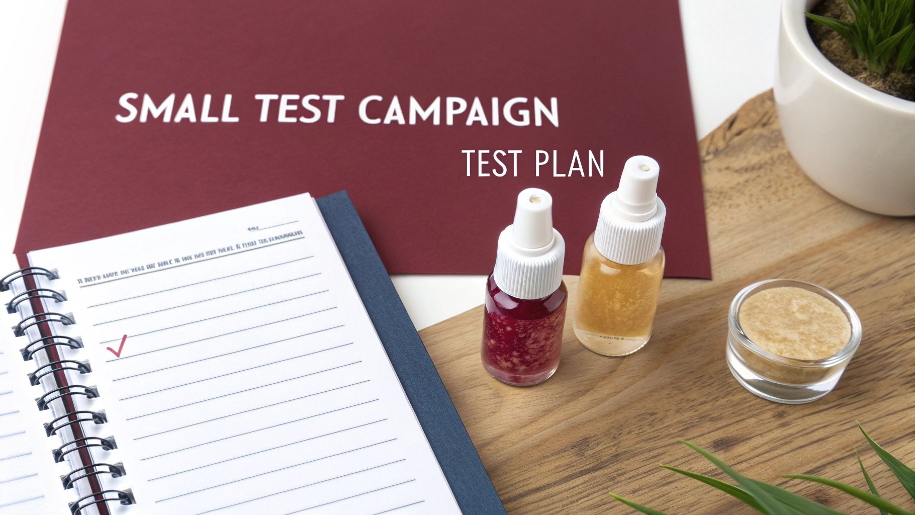A document titled 'Small Test Campaign' and 'Test Plan' with a notebook, samples, and a plant.