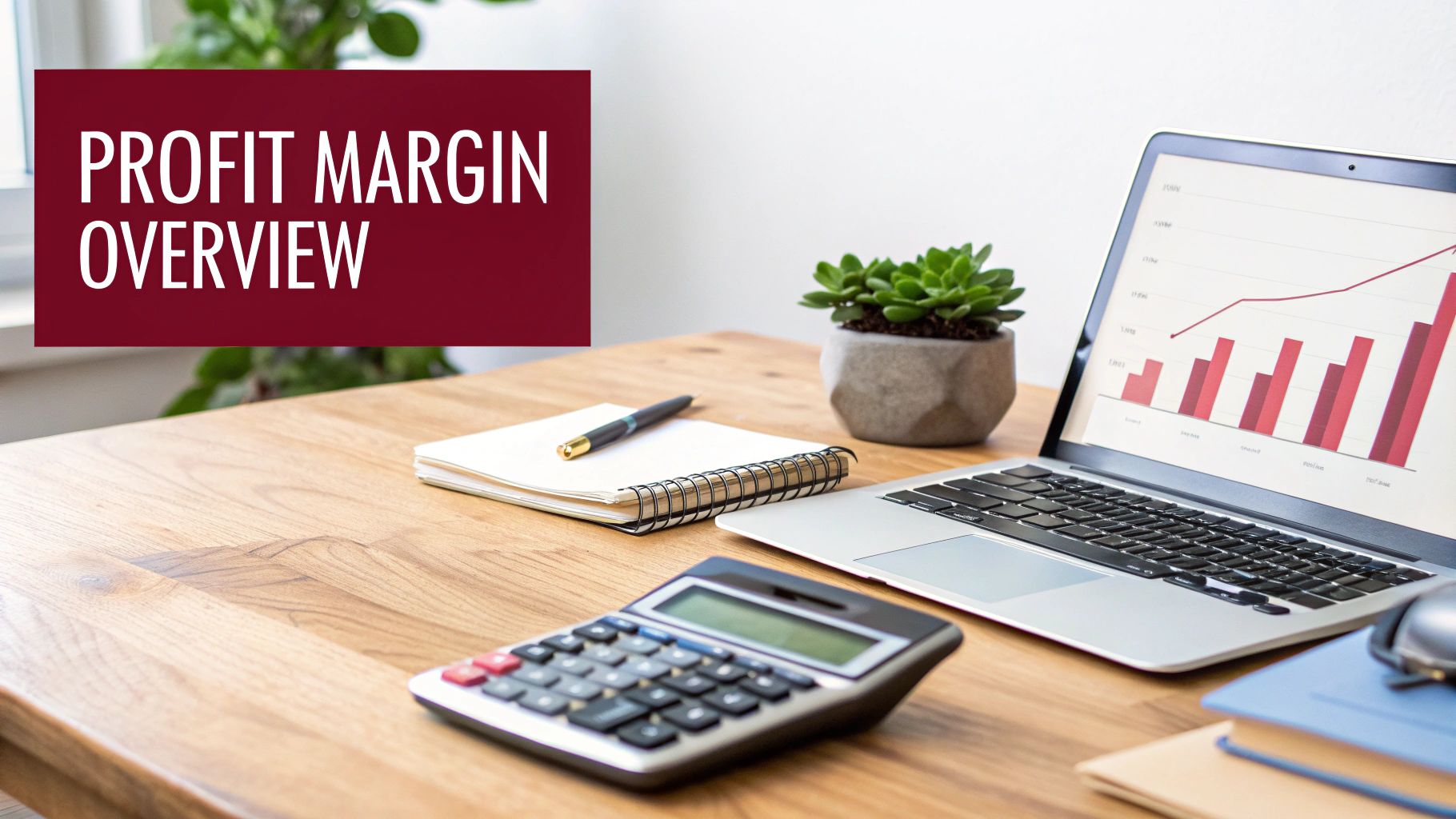 A desk with a laptop displaying financial growth charts, a calculator, and a notebook next to a sign saying "PROFIT MARGIN OVERVIEW".