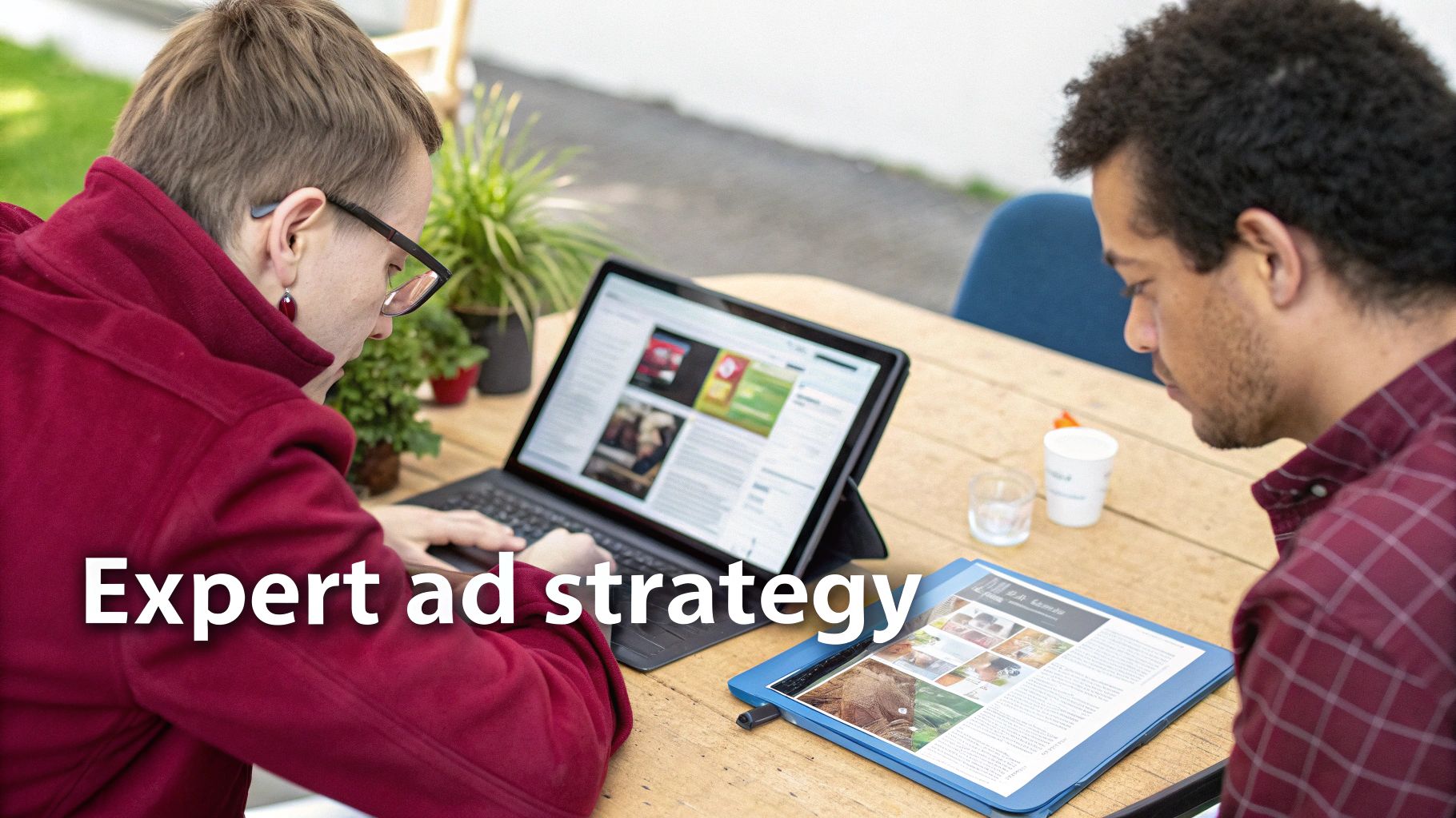 Two people discussing an expert ad strategy, one on a laptop, the other reviewing documents.